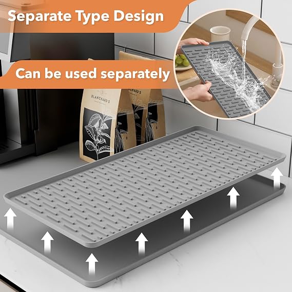 Coffee Machine Mat Silicone Coffee Mat Coffee Bar Mat with Detachable Dish Drying Mat for Kitchen Countertops, Bar Accessories Under Coffee Maker Coffee Machine, Espresso Machine (Grey, 40x60cm)