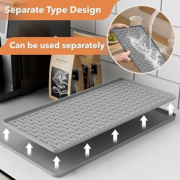 Coffee Machine Mat Silicone Coffee Mat Coffee Bar Mat with Detachable Dish Drying Mat for Kitchen Countertops, Bar Accessories Under Coffee Maker Coffee Machine, Espresso Machine (Grey, 40x60cm)