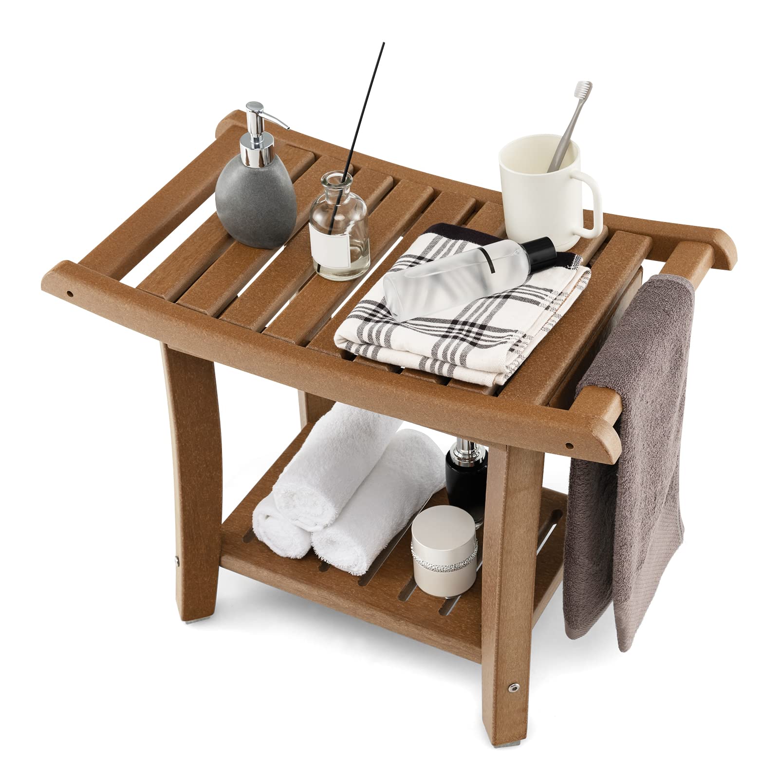 RELAX4LIFE Duschbank, Badezimmerbank mit Ablage Handtuchhalter, Badhocker mit Rutschfesten Füßen, Duschstuhl bis 150kg Belastbar, Duschsitz für Alte Schwangere, 60,5 x 34 x 45 cm (Braun)