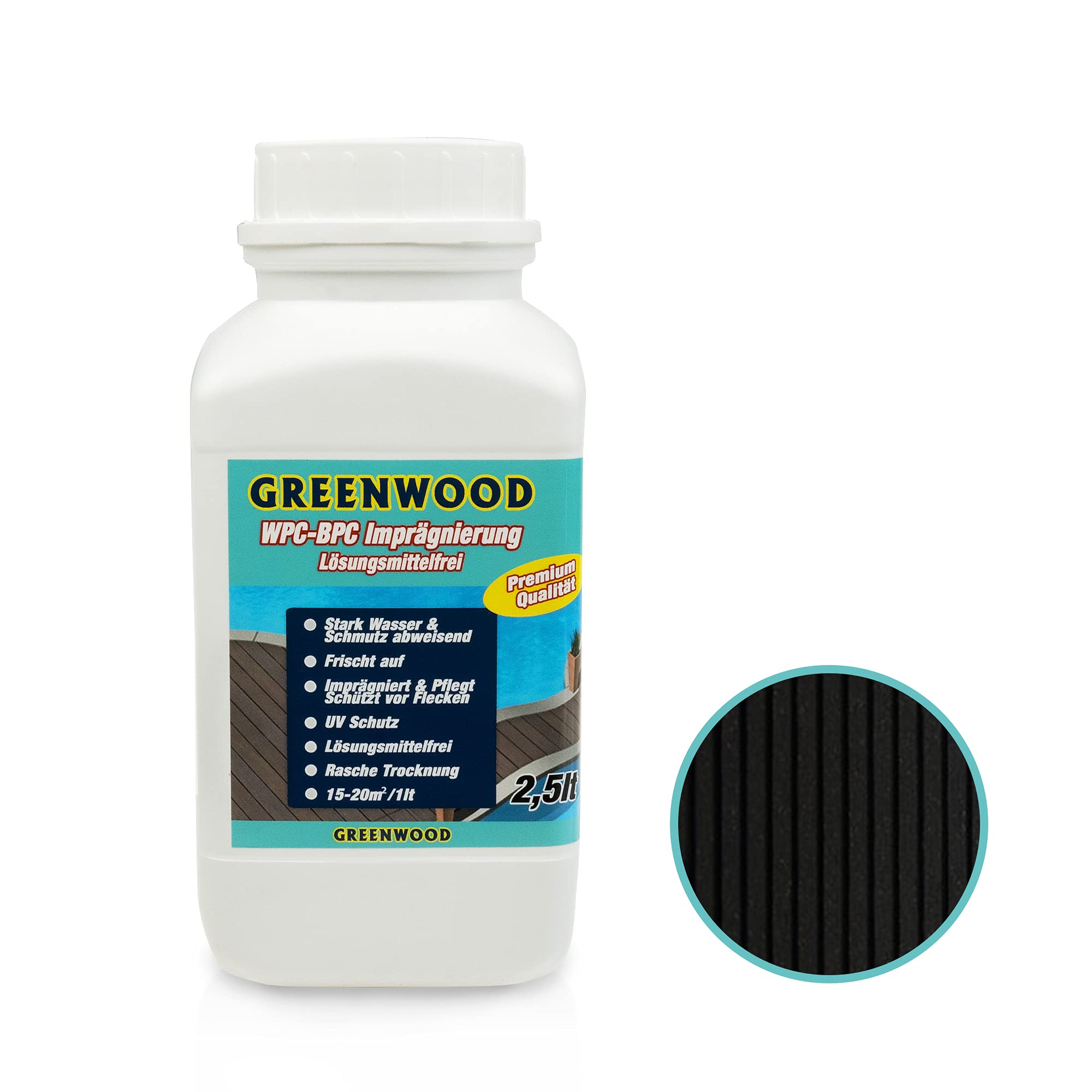 Greenwood Impregnacja WPC i BPC czarno-antracytowa – środek impregnujący z farbą – środek do pielęgnacji tarasów z ochroną UV – ECO bez rozpuszczalników – 2,5 l