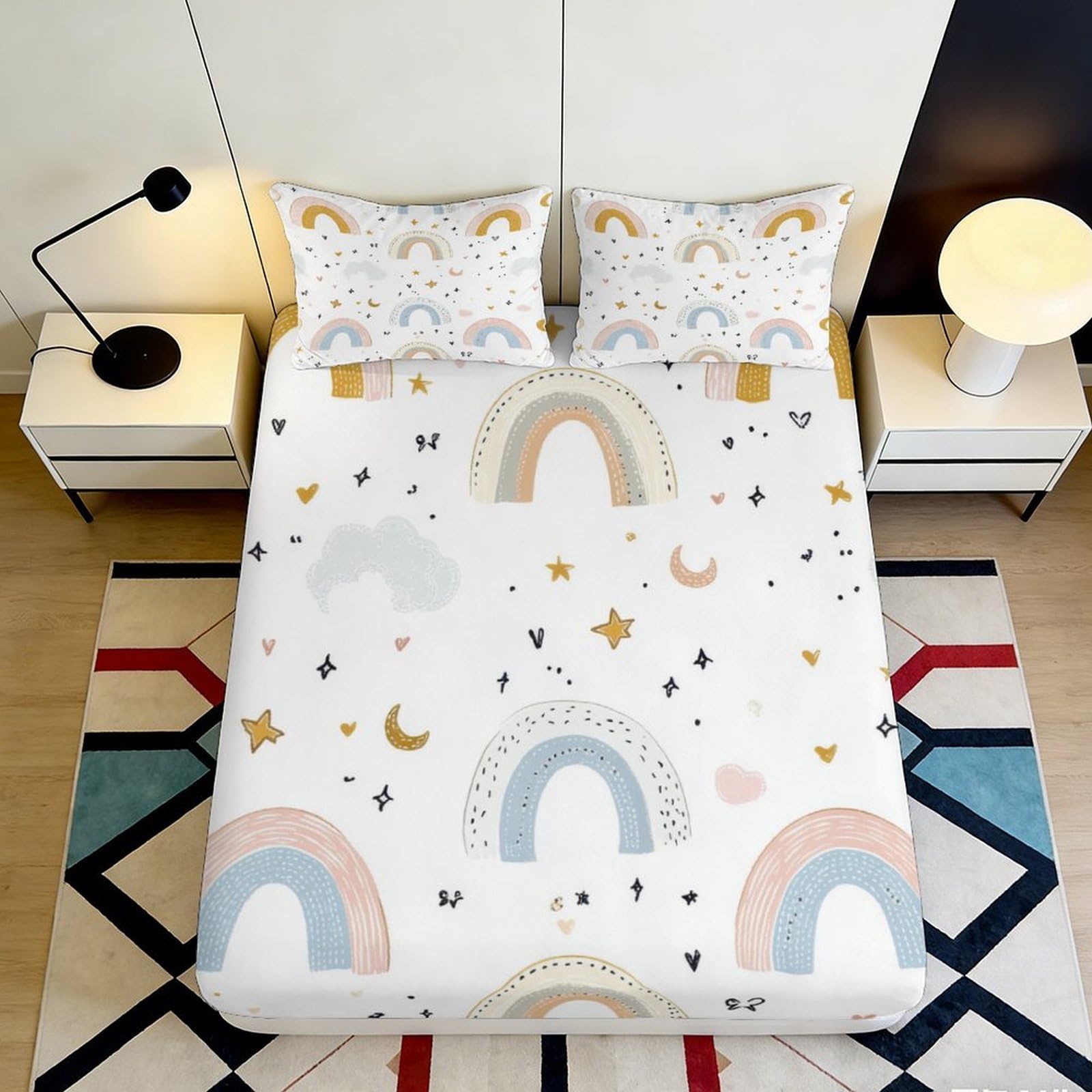 3D Printed Rainbow Pattern Fitted Sheet Microfiber Soft Breathable Starry Sky Bed Cover for Bedroom Dormitory Guest Room Mattress Protection 140x200x25cm