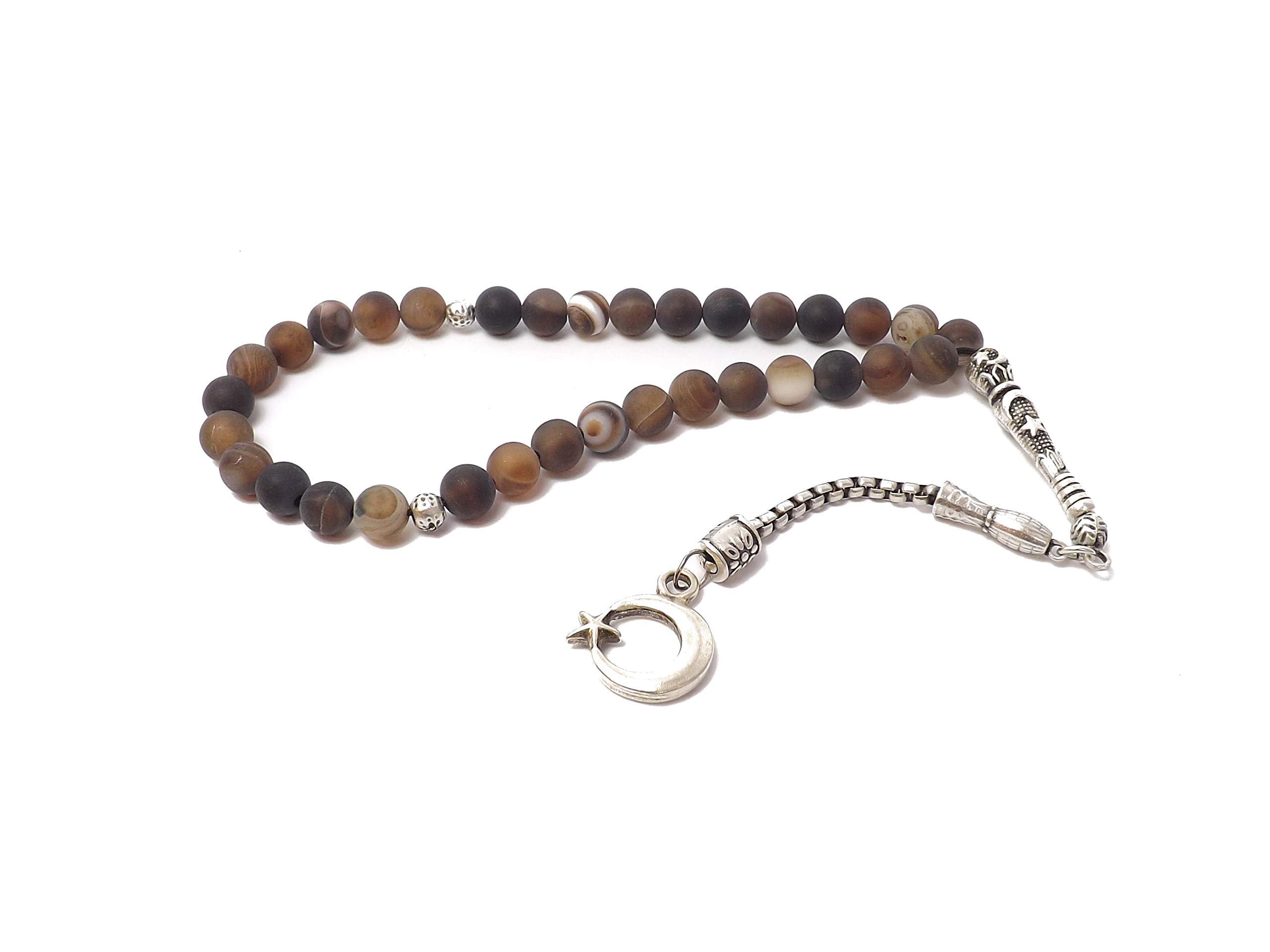 Gök-TürkTesbih Prayer Beads 33 Beads Tasbih Crescent Moon Ay Yildiz with Star Made of Natural Stone – Grey Brown, Pearl, Pearl