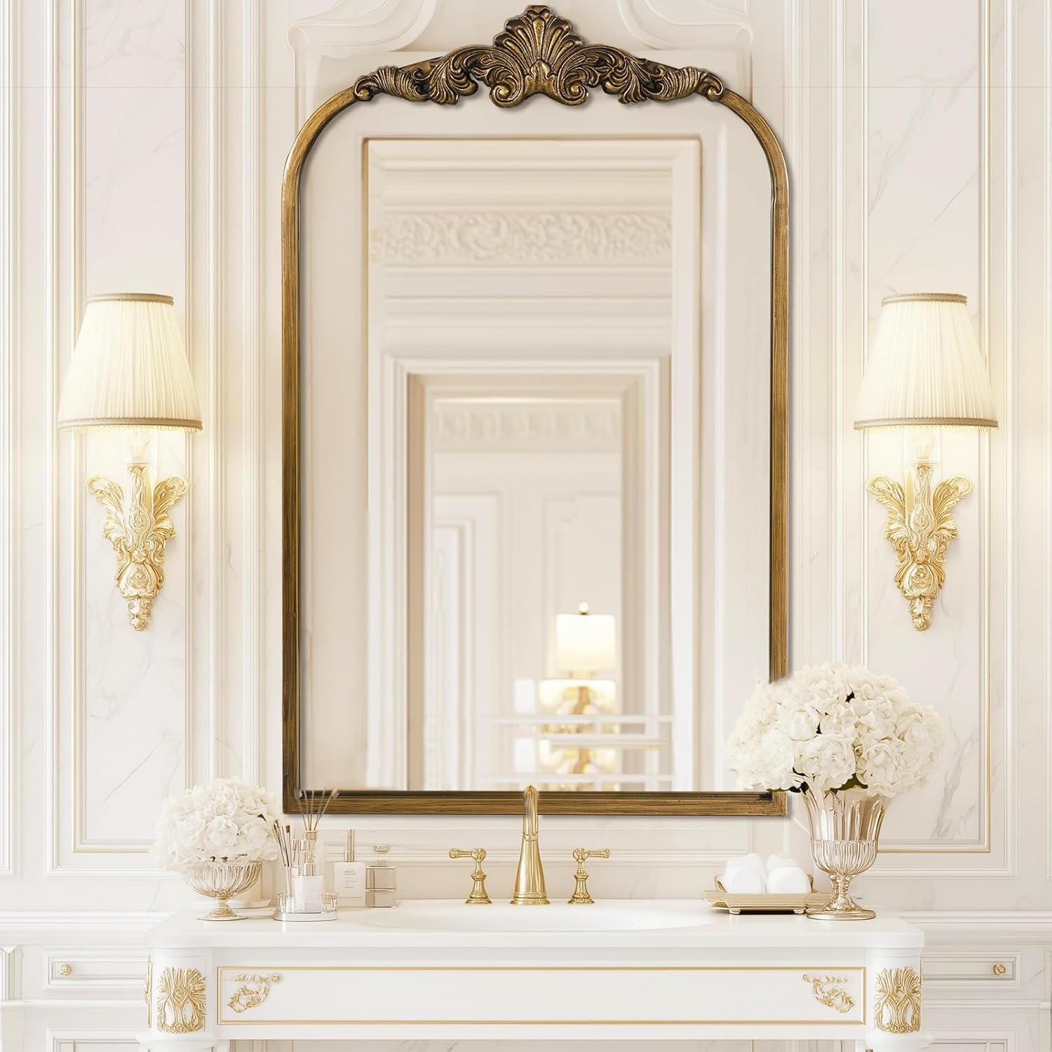 24" x 36" Vintage Gold Mirror for Wall, Large Antique Mirrors, Traditional Ornate Baroque Mirror, Arched Brass Mirror for Bathroom, Living Room, Fireplace, Entryway, Hallway (36"L x 24"W Gold 1 Pack) Thumbnail