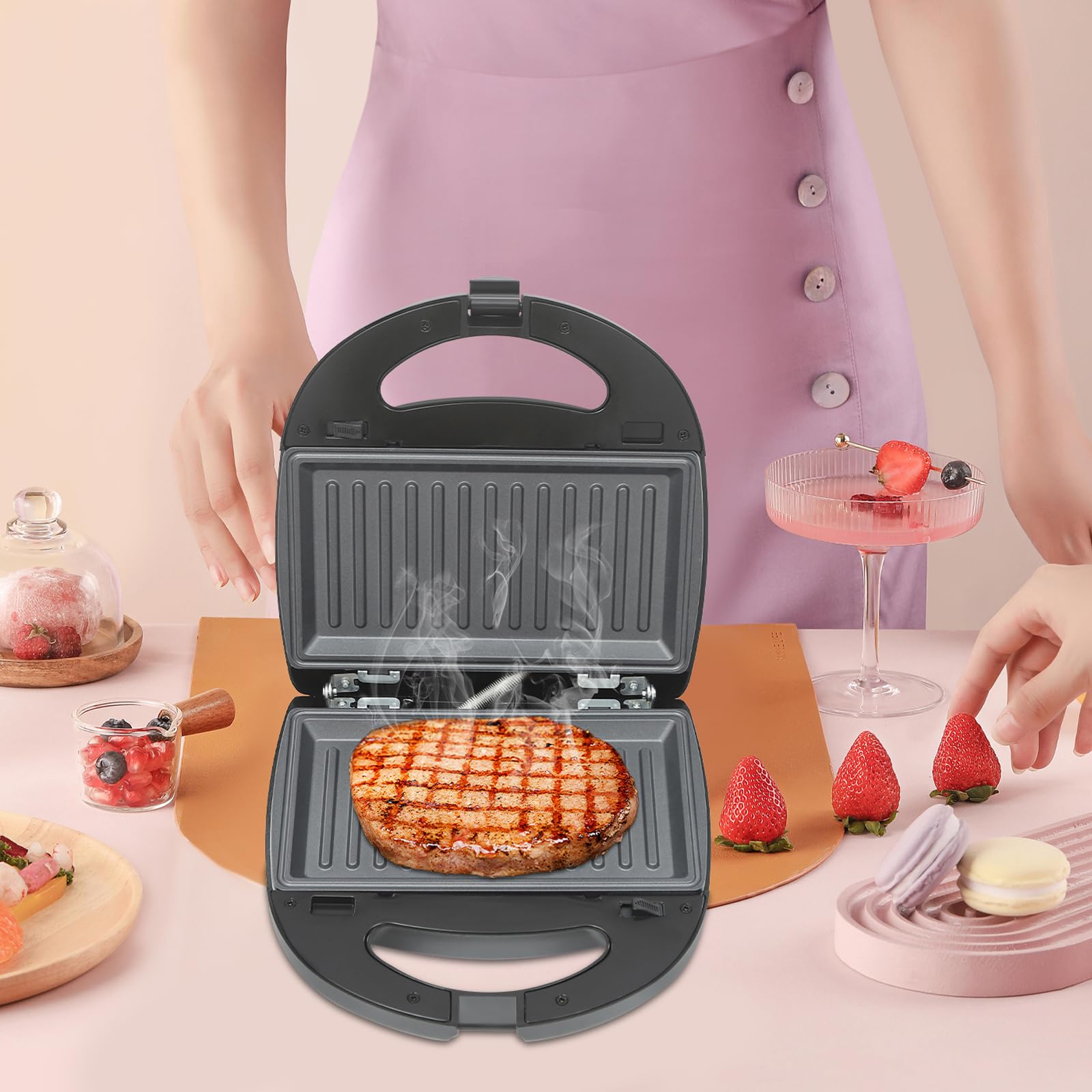 Urządzenie do kanapek 6 w 1, wielofunkcyjna gofrownica 750 W, grill, dwustronne ogrzewanie, nieprzywierająca prasa panini, patelnia do steków, opiekacz do kanapek, do biura, domu, kuchni