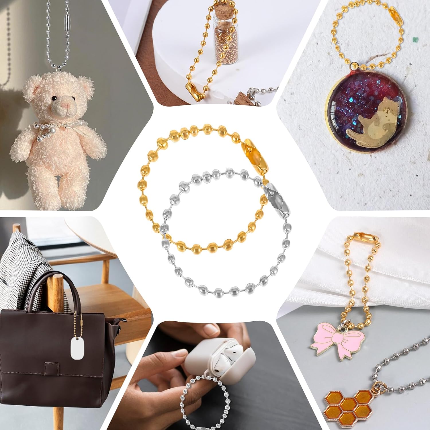 100 PCS Gold Sliver Ball Beads Chain, 4 Inch Dog Tag Chain