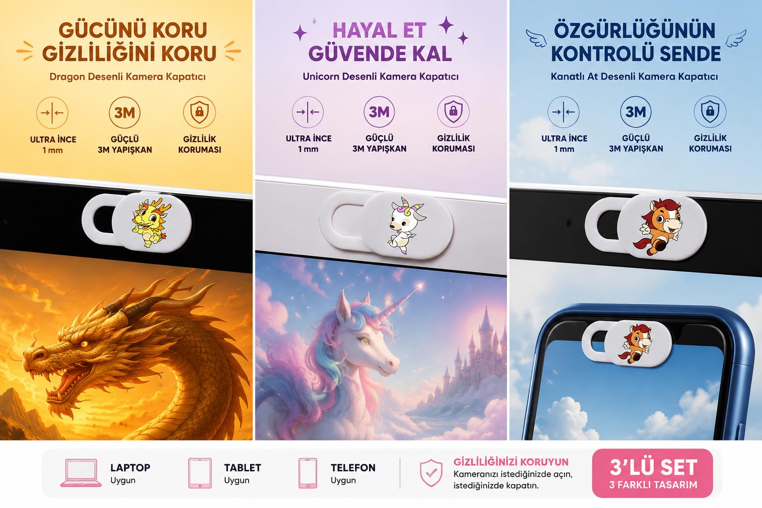 McStorey Kamera Kapatıcı 3'lü Set, 3 Farklı Karakter Tasarımlı Ultra İnce 1 mm Sürgülü Webcam Cover, Güçlü 3M Yapışkanlı Laptop Tablet Telefon MacBook iPad Uyumlu Kamera Gizlilik Kapağı