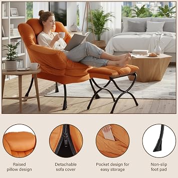 Welnow Lazy Chair with Ottoman Modern Lounge Accent Chair with Armrest and Side Pockets, Leisure Upholstered Sofa Chair, Reading Chair, Footrest, Small Space Corner Chair