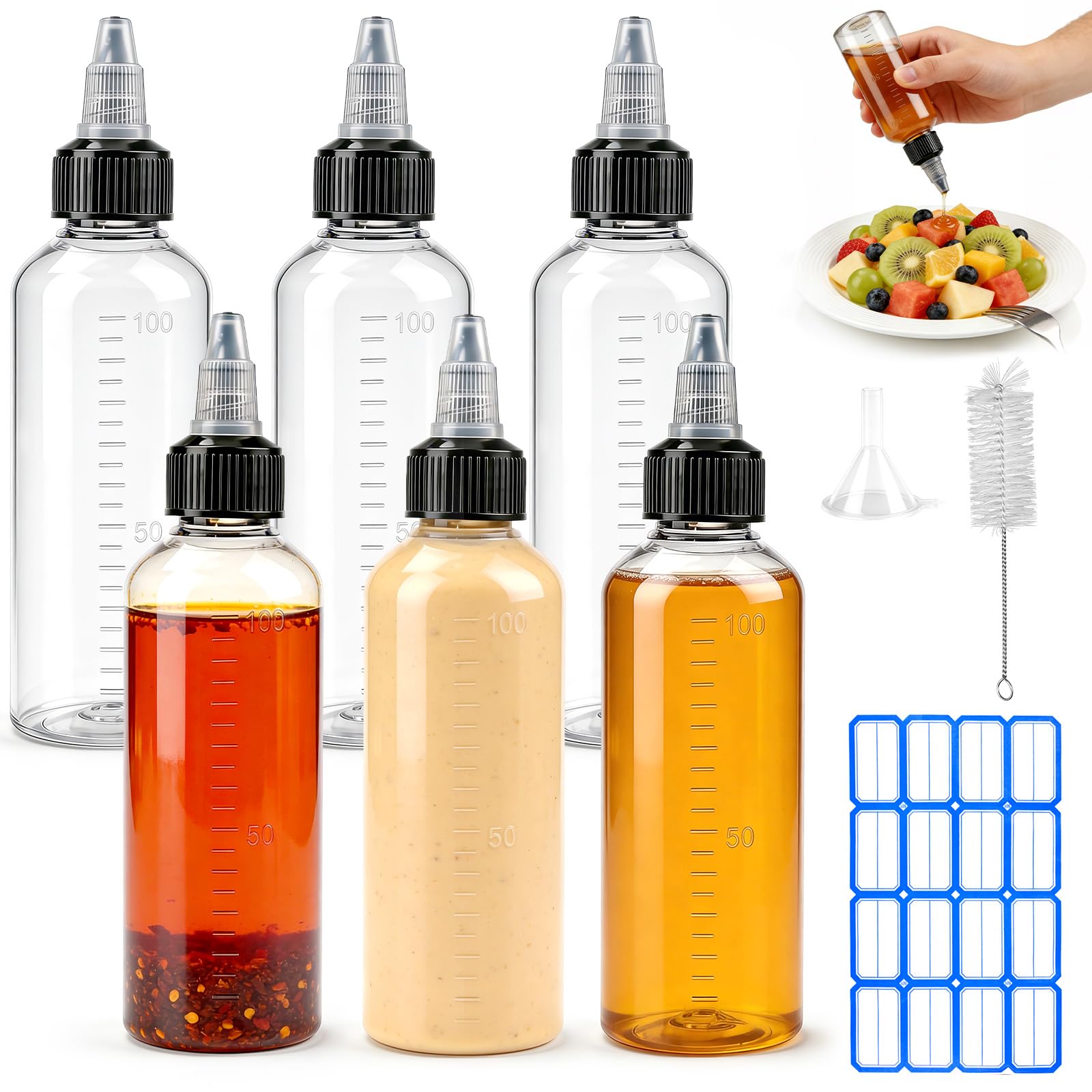 qjuwhua 15PCS Hair Oil Applicator Bottle 100ml Squeeze Bottle Plastic Sauce Squeeze with Scale Nozzle Caps for Condiment Oil Ketchup Hair Salons DIY Crafts Coloring Paint