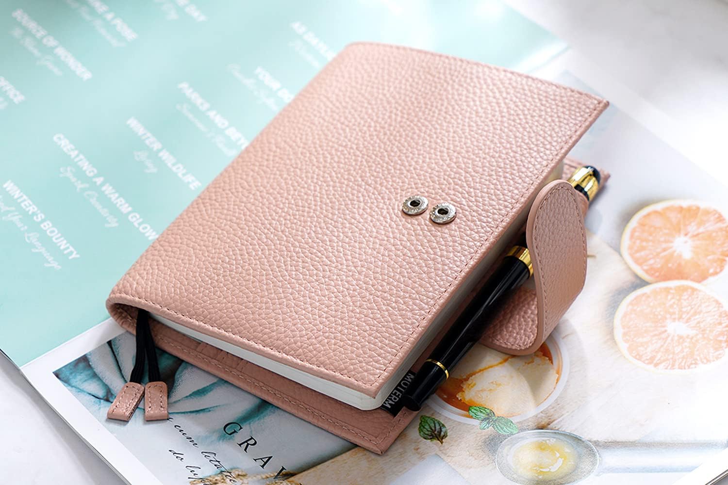 Moterm Leather Cover for A6 Notebooks - Fits Hobonichi Original, Stalogy and Midori MD Planners, with Pen Loop, Card Slots and Back Pocket (Pebbled-Dusty Rose, A6+)