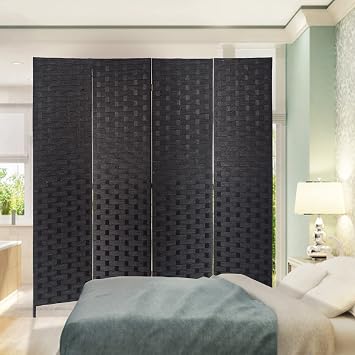 6 FT Room Divider Folding Screen 4 Panel Partition Folding Wall Dividers Portable Hand Craft Wood Rattan Mesh Woven Room Screen for Office Patio Black