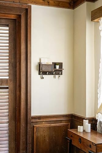 Miniatura 3 de Dahey Llavero para pared con 4 ganchos dobles para llaves y soporte para correo con estante flotante de madera rústica con 5 ganchos para entrada