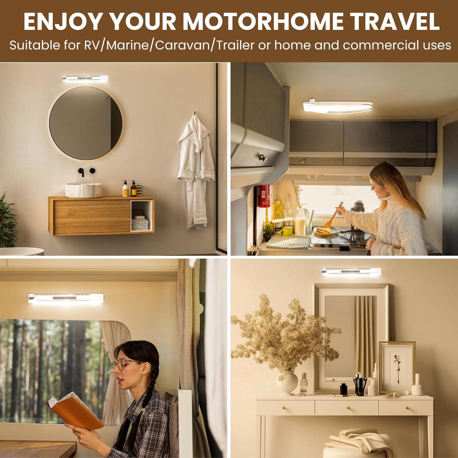 Bonlux 12V RV Vanity Light Fixture with Rotating Dimmable Switch, 16 inch Luxury Decorative Acrylic LED Bathroom Mirror Light 12V RV Wall Sconces Fixture for RV, Caravan, Marine, Boat, Motorhome, Home