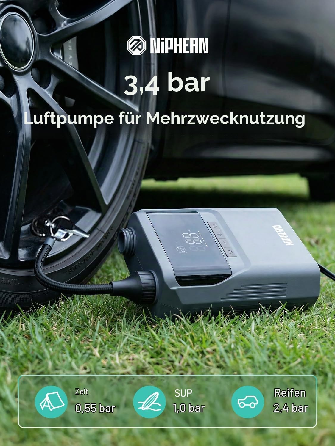 Niphean Elektrische Luftpumpe SUP mit (Extra-Langem) 300cm 12V Kabel, 50PSI SUP Pumpe Elektrisch für Auto&Luftmatratze, Luftpumpe Elektrisch für Aufblasen&Ablassen, Elektrische Pumpe mit Tragetasche