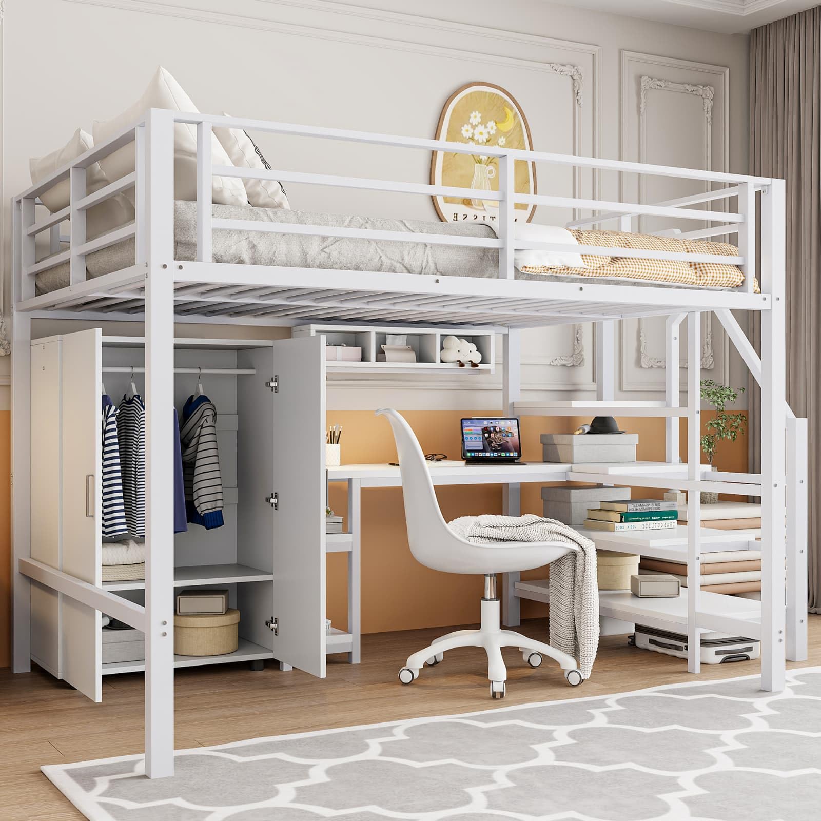 KOMHTOM 140x200cm Multifonctionnel Lit Superposé avec Armoire et étagère, Lit Surélevé avec échelle de Rangement et Bureau(sans Matelas) (Blanc)