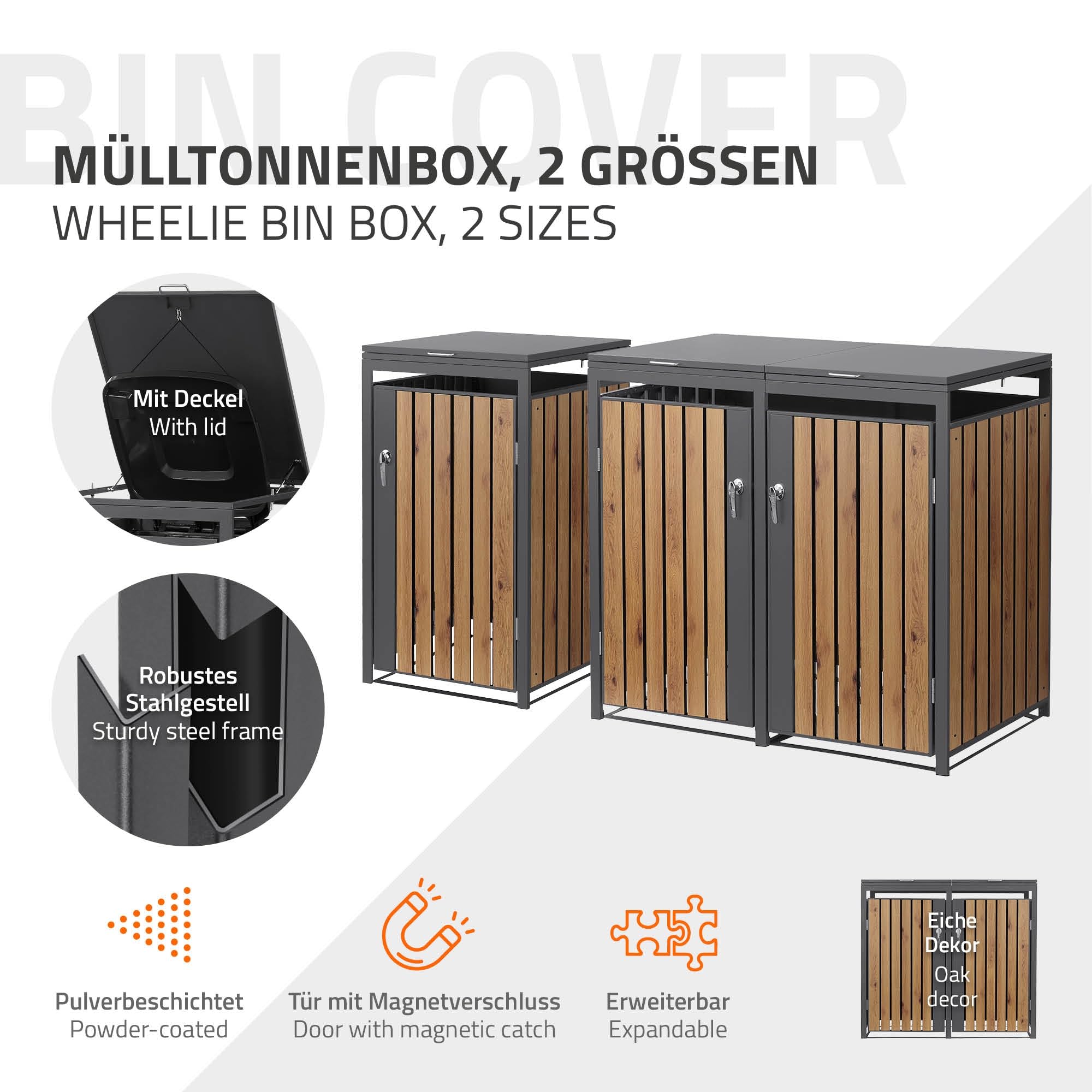 ML-Design Mülltonnenbox 3er 240L, Mülltonnenverkleidung für 3 Mülltonnen, Müllbox wetterfest, Mülltonnenhaus aus Stahl, Müllcontainer mit Deckel, abschließbare Tür, 200x80x120 cm Anthrazit-Holzoptik