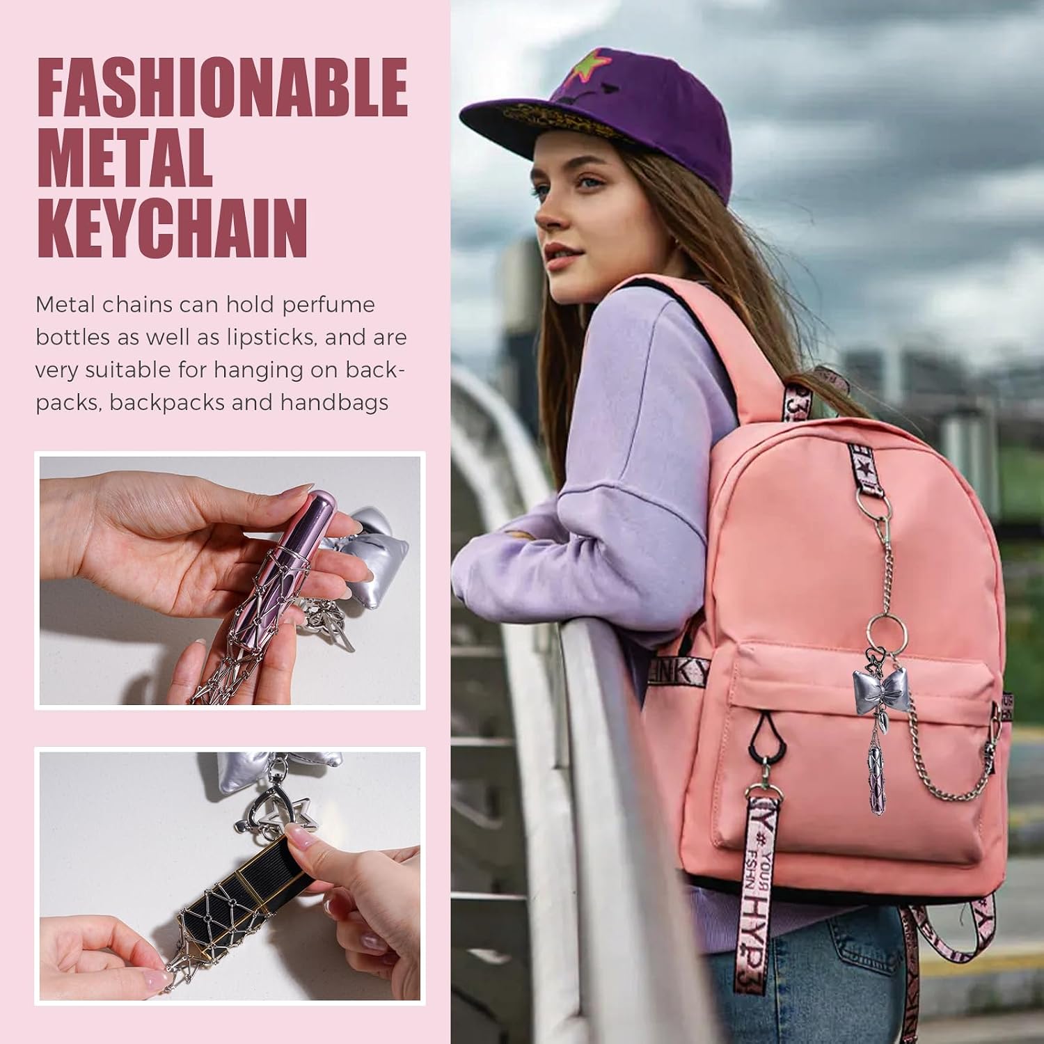 JPNK Stainless Steel Bag Charm Mesh Keychain holder and 4Pcs Mini 5ml Refillable Perfume Portable Atomizer Bottles
