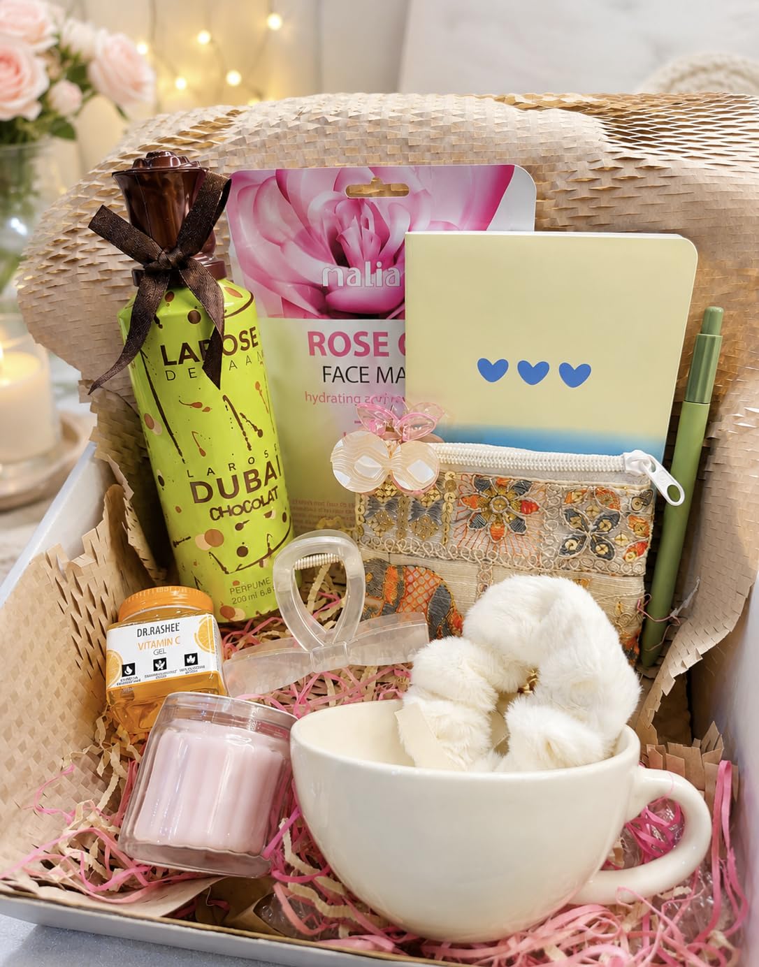Self Care Gift Set ,Self Love Low Cortisol for Women – Notebook with Pen, Ceramic Mug with Spoon & Crochet Coaster, Lip Oil, Hand Cream, Earrings, Scrunchie, Claw Clips, Scented Candle & Face Sheet Mask – Gift Hamper-image-39