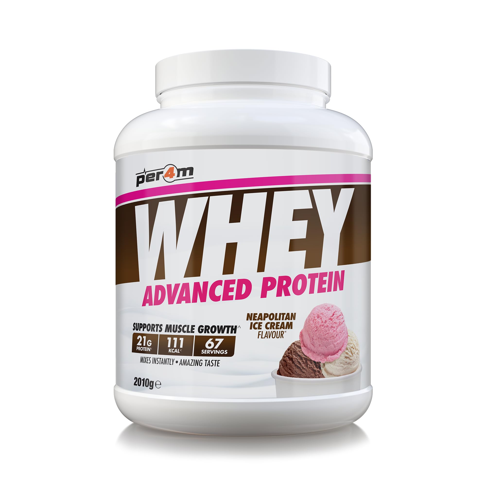 Per4m Whey Protein Powder | High Protein Shake for Muscle Growth & Recovery | Low Sugar Gym Supplement | Sports Nutrition Drink + Amino Acids (2010g, Neapolitan Ice Cream)