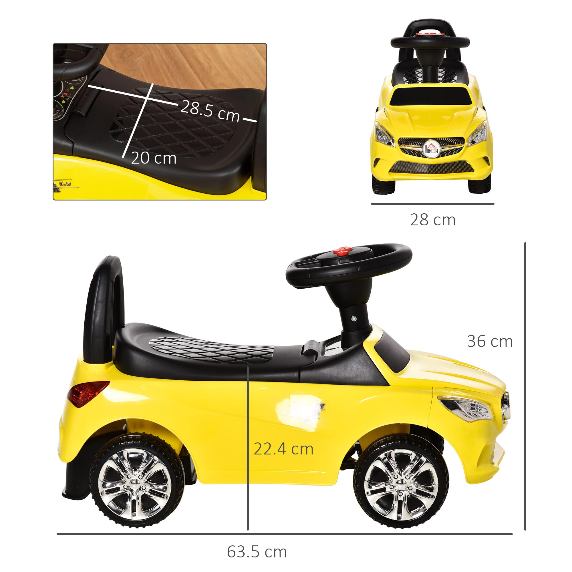 HOMCOM Macchinina per Bambini Cavalcabile con Volante, Fari e Musiche Integrate, Macchina per Bambini in PP e Metallo, 63.5x28x36 cm, Giallo