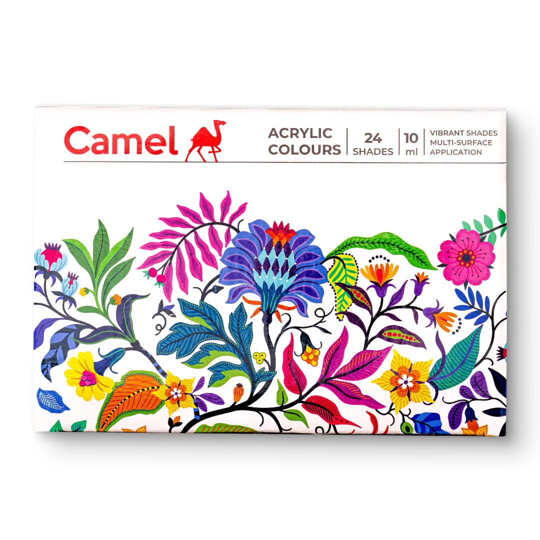 Camel Multicoloured Acrylic Paint, 24 Rich Shades (10Ml Each), Multi Surfaces, Vibrant And Lasting Colours, Suitable For Canvas, Wood, Fabric, Paper And Ceramics