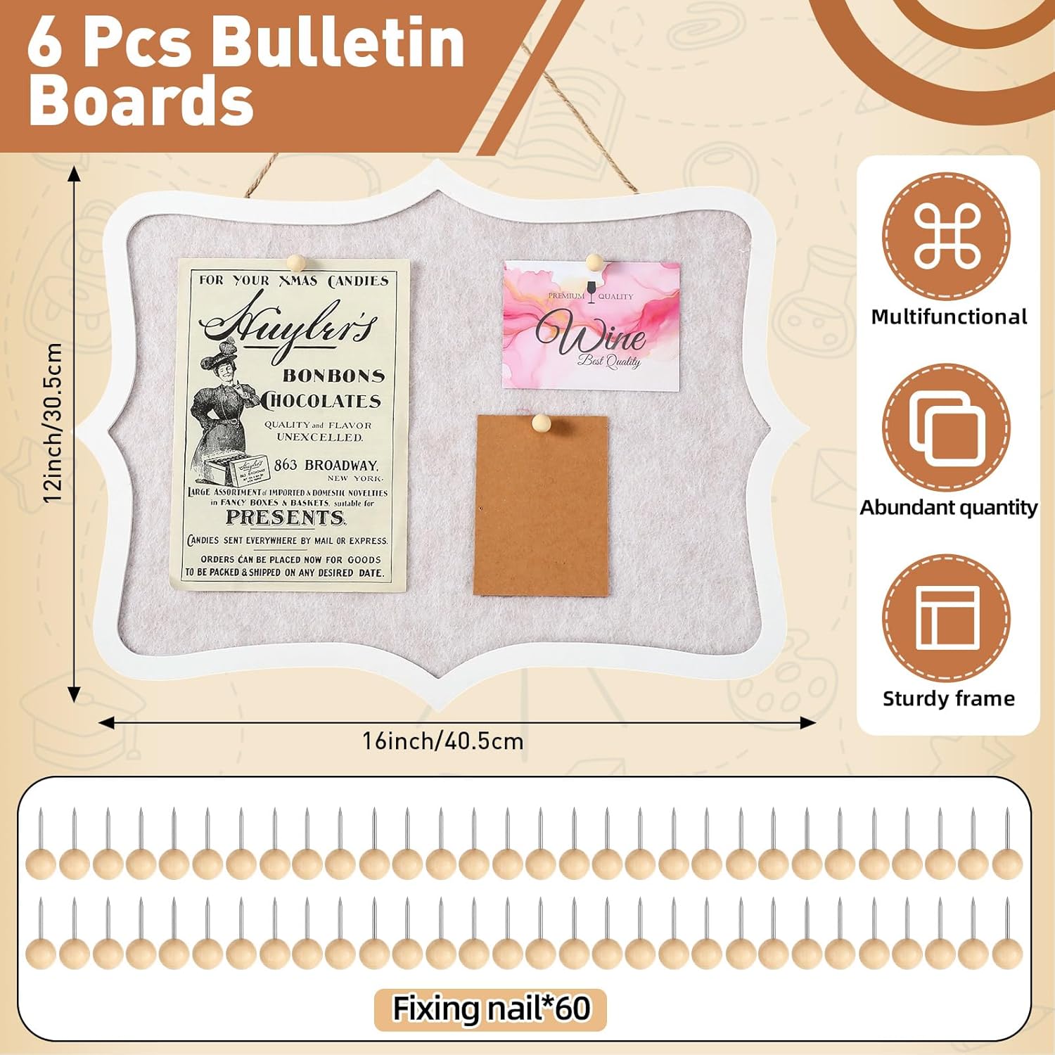 6 Pcs Wooden Felt Bulletin Board, 12 x 16 Inch Cork Boards for Walls Equipped with 60 Push Pins, Decorative Hanging Corkboards for Home, Kitchen, Office, Bedroom, Vision Board Supplies