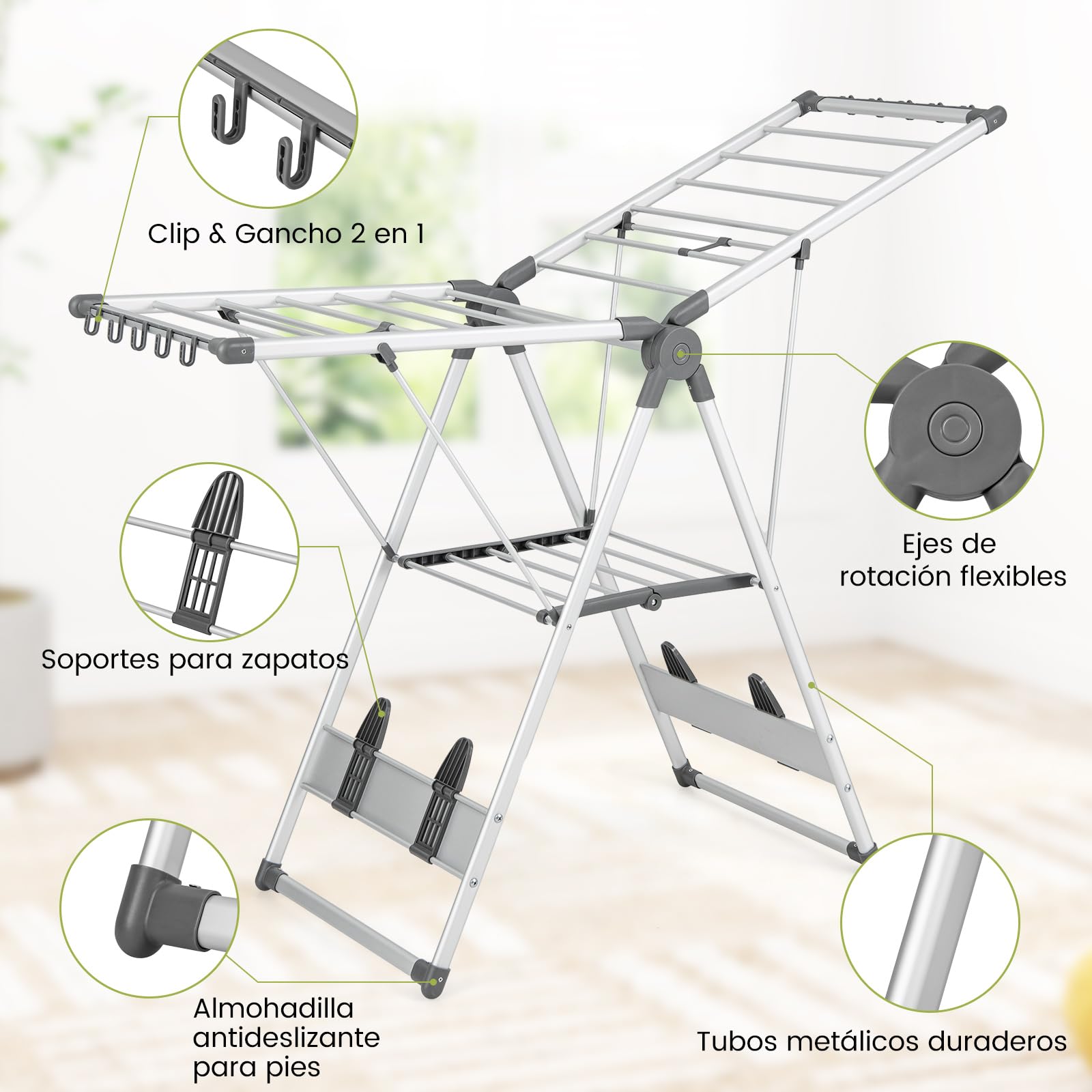 COSTWAY Tendedero Plegable de Aluminio de 5 Niveles, Tendedero de 2 Capas con Altura Ajustable, 21 Rieles De Secado, 10 Clips Laterales, 4 Soportes para Zapatos, Colgador Plegable para Ropa