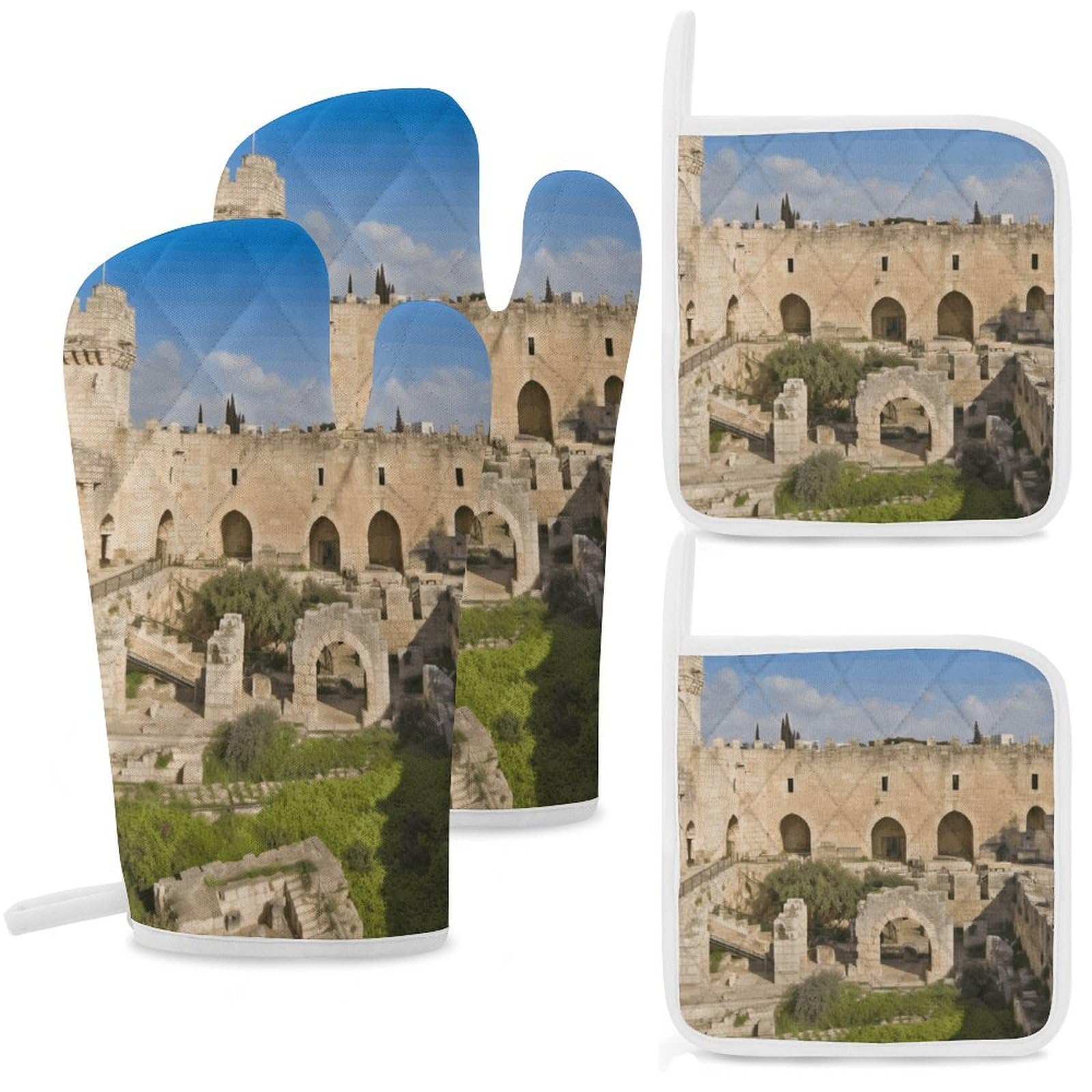 Israel at The Tower of David Oven Mitts and Pot Holders Sets Heat Resistant Oven Glove with Hanging Loop for Baking Cooking BBQ Thicken Potholders for Kitchen