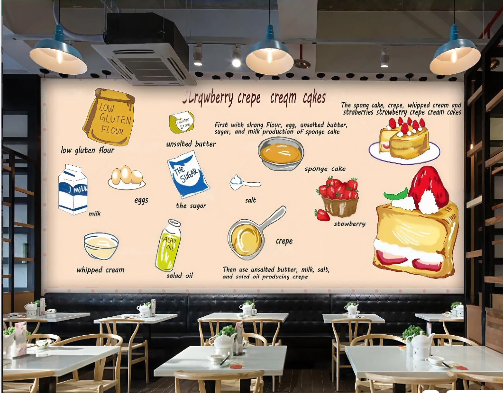 XDOUBAO Wallpaper Hand-Painted Baking Theme Delicious Dessert Bakery Afternoon Tea Western Restaurant Background Wall Wallpaper Coffee Shop Mural,3D,200x140cm