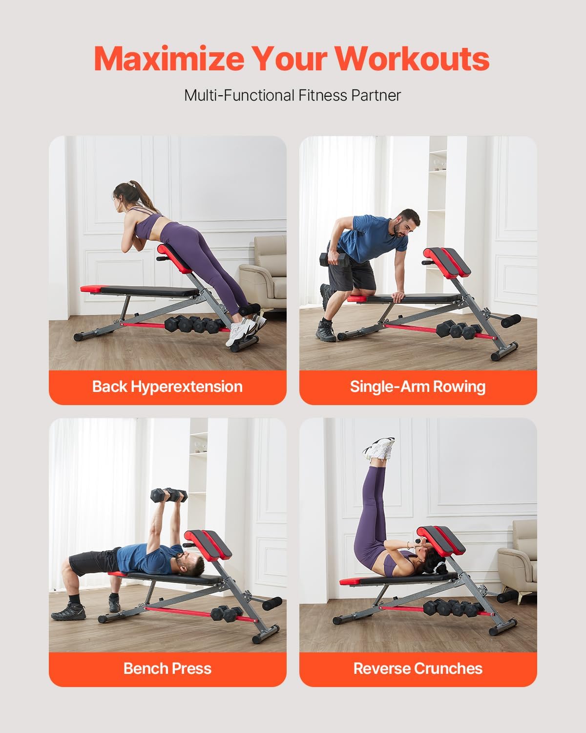 VEVOR Multi-Functional Weight Bench for Full Body Workout, Roman Chair Hyperextension Bench, Adjustable & Foldable Equipment for Back Arm Core Ab Workout, Sit Up Exercise Machine for Home Gym