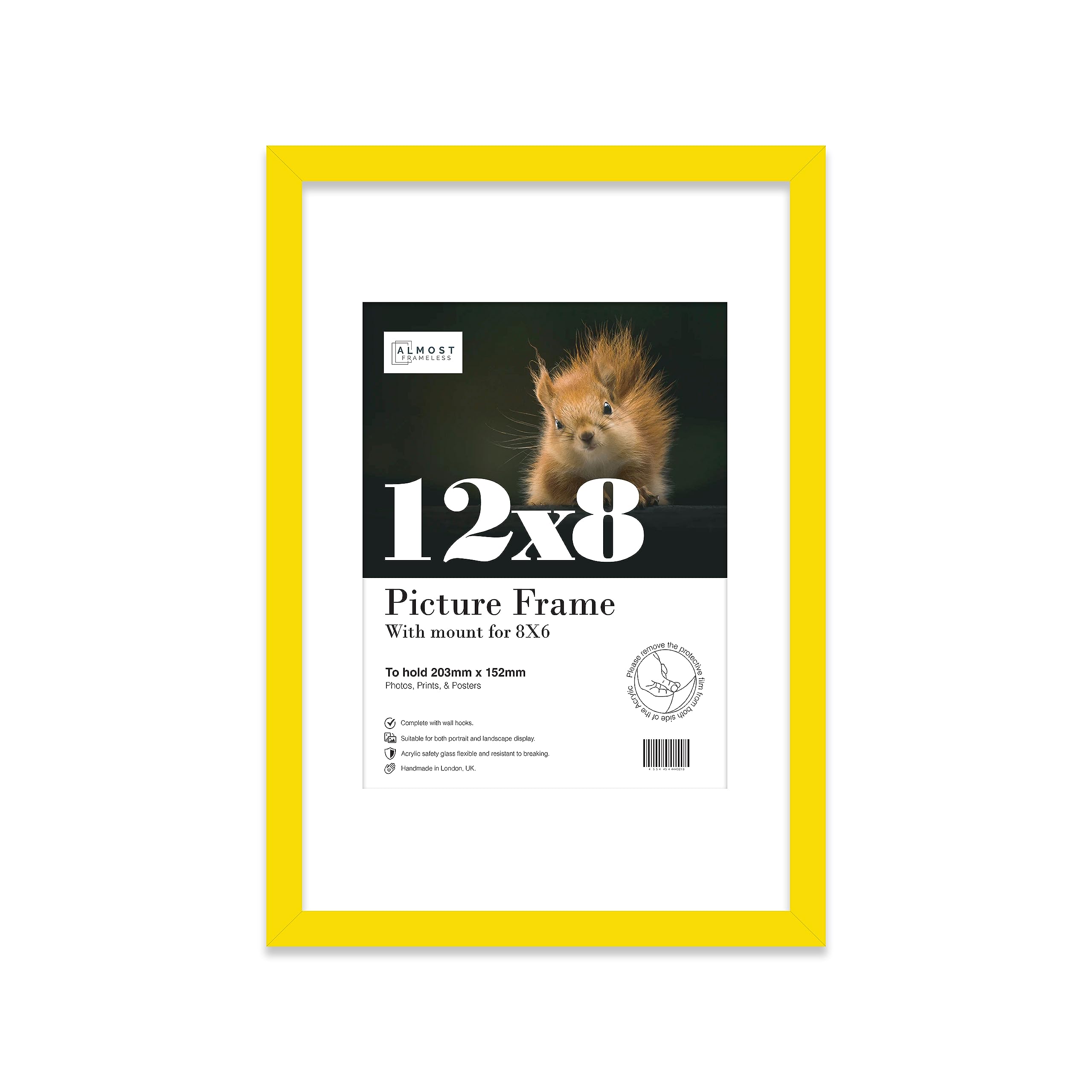 Almost Frameless 12x8 Yellow Picture Frame With Mount for 8x6 Print, Poster or Photo Poster, Photo, Artwork, or Print. Thin Edge Slim Frame Portrait and Landscape Display with Wall Hooks