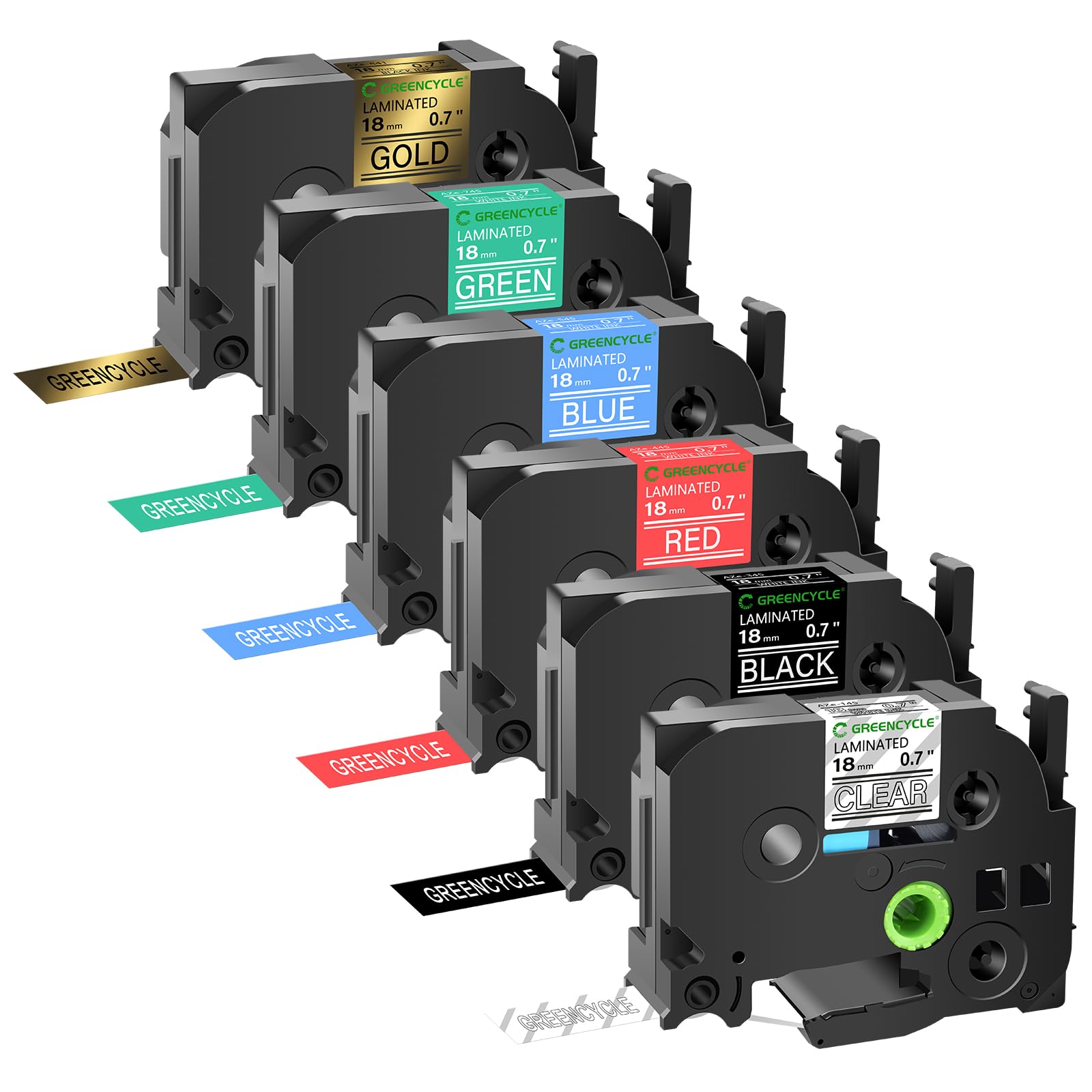 GREENCYCLE Nastro per etichette compatibile con Brother P-Touch TZ TZe 18 mm 0,7" 3/4" bianco su trasparente/nero/rosso/blu/verde, nero su oro per etichettatrice PT-P710BT PTD400 PTD400AD PTD600