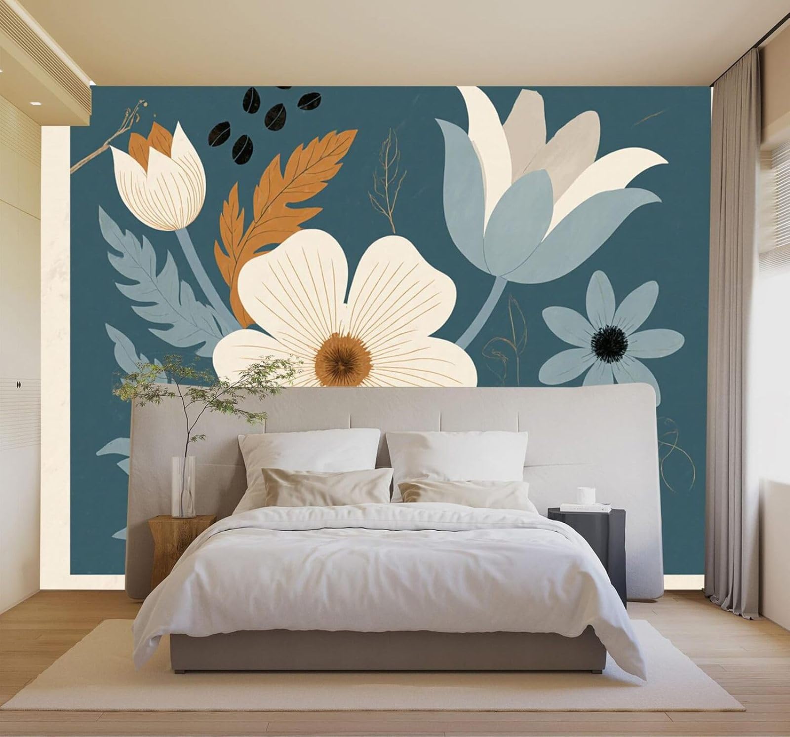 Tzxztt Creative Blue Orange Plants Flowers Modern 3D Wallpaper Premium Textured Silk Neutral Tones Material Ideal for Living Room Bedroom-200cm×140cm