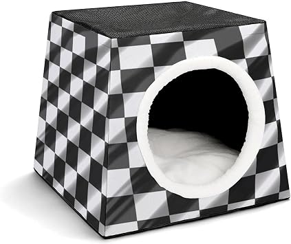 Cat House for Indoor Outdoor Cats Dogs Personalized Cat Cave Cute Lesure Black White Race Checkered Flag Printed Cat Beds Suitable for Small Sized Pets