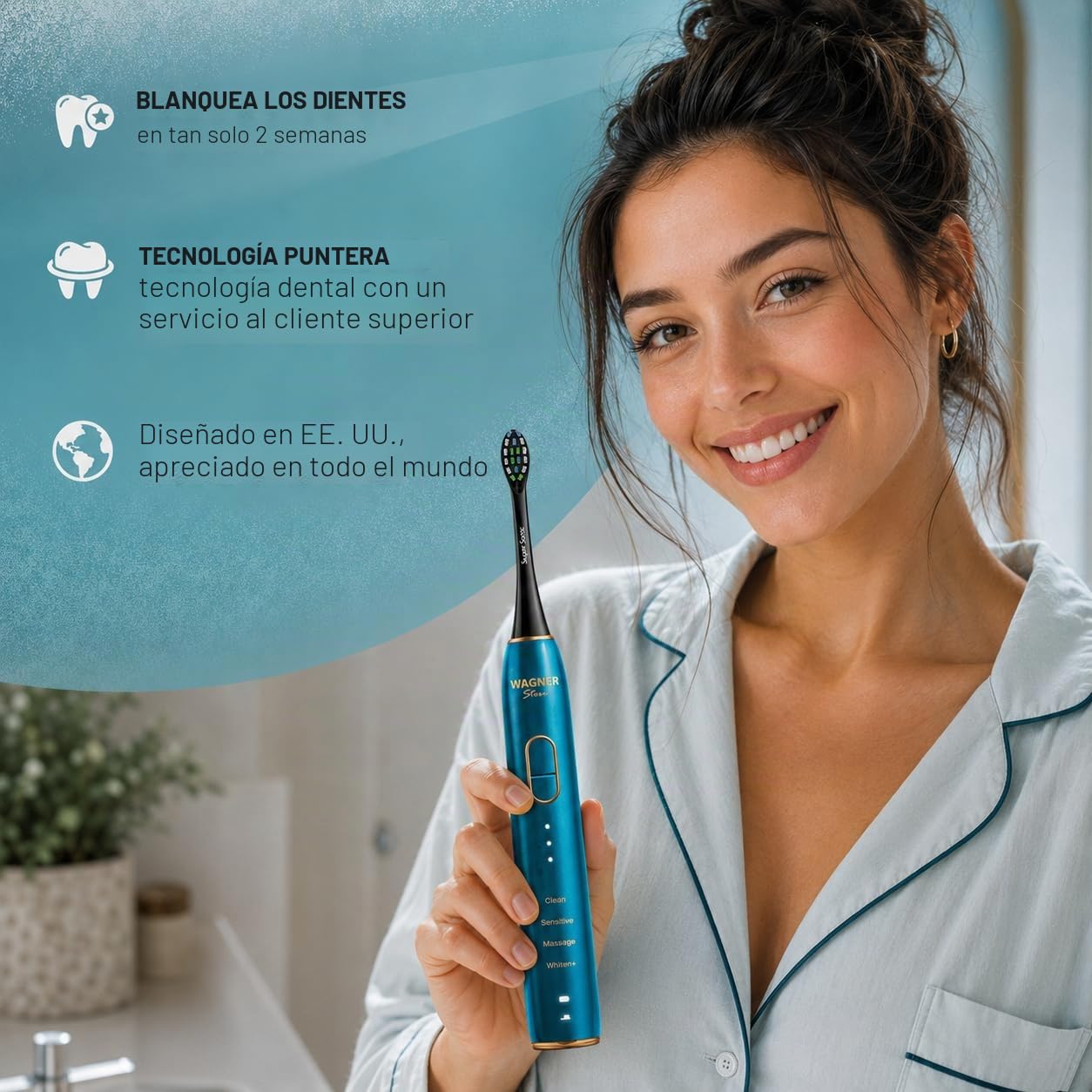 Wagner Stern IntelliBrush Series - Cepillo de dientes eléctrico blanqueador con sensor de presión. Ofrece 4 modos de cepillado, 3 intensidades, 8 cabezales de cepillo suaves y un estuche de viaje de