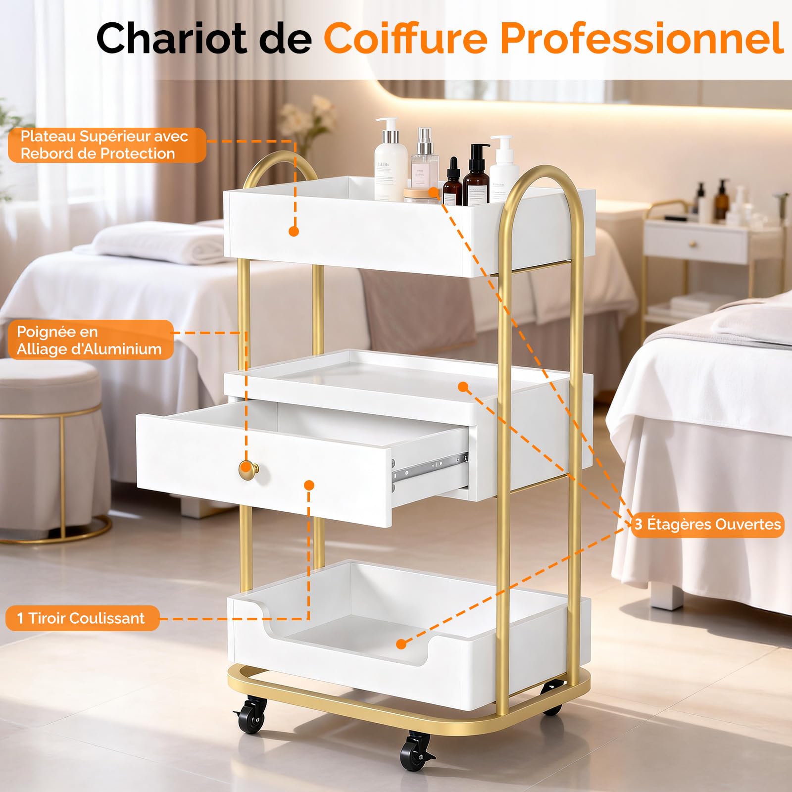 Bonnlo Chariot de Coiffure, Chariot de Salon Professionnel 3 Étages avec Tiroir, roulettes Verrouillables, Plateau Supérieur Plat avec Bordure, pour Esthétique, Spa, Studio Ongles, Blanc et Doré