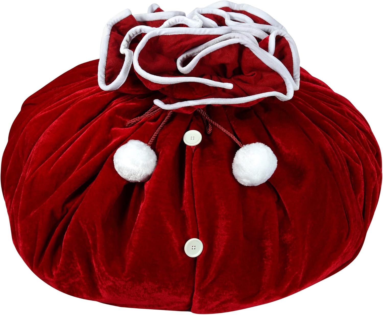 Haute Decor Santa's Surprise Convertible Tree Skirt, Velvet Fabric, Dark Red Double-Sided with Pom Pom String Closure. Extra Large 80 inch Diameter - Hide Presents Until Christmas Morning
