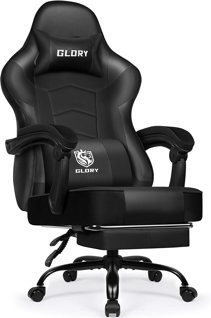 Gaming Stuhl Ergonomischer mit Fußstütze, Gaming Chair Bürostuhl 150 kg Belastbarkeit, Gamer Stuhl aus Kunstleder, Höhenverstellbarer PC Zockerstuhl für Jugendliche Erwachsene, Schwarz