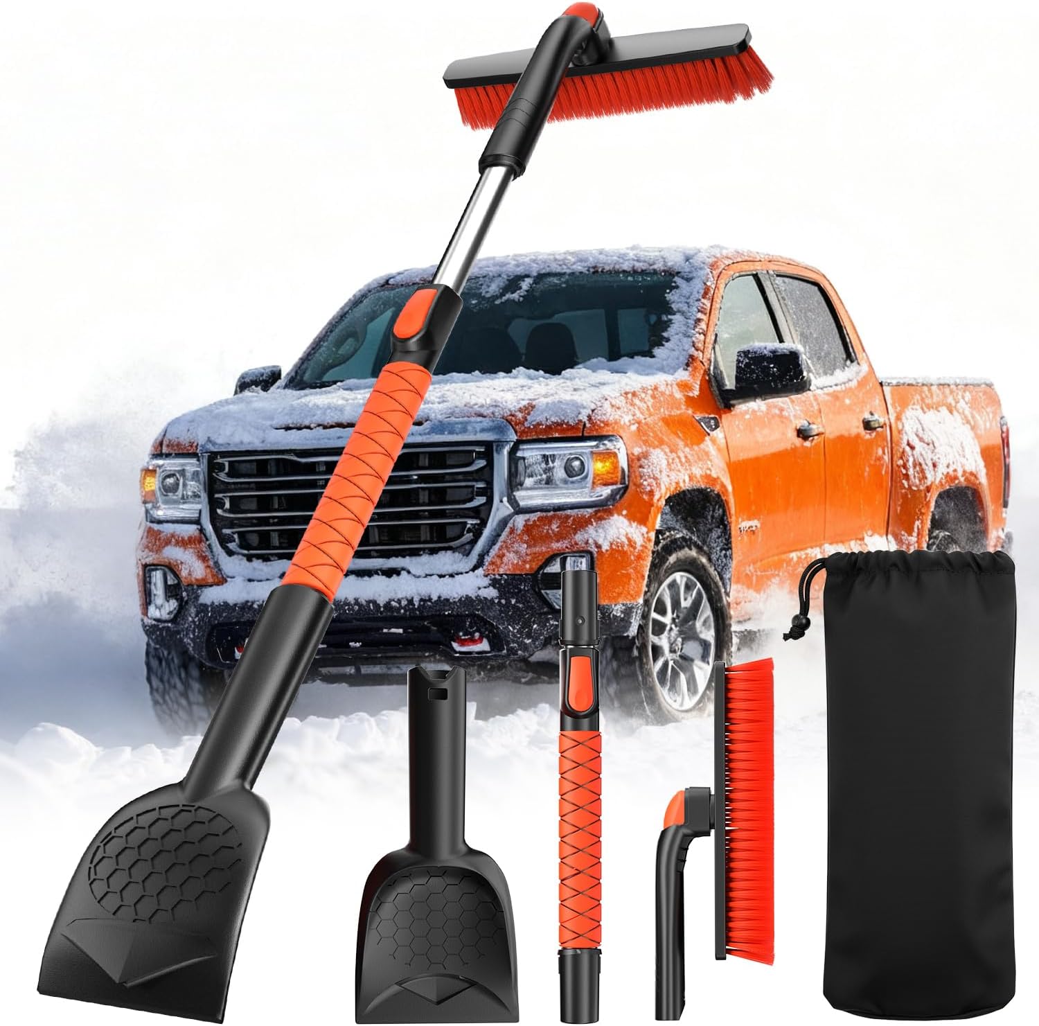 [2025 Upgrade Extendable Car Windshield Ice Scraper and Snow Brush [3-in-1] Clear Snow, Ice and Frost, 42''Adjustable Length with 360 Rotating Brush Head, Suitable for All Cars.