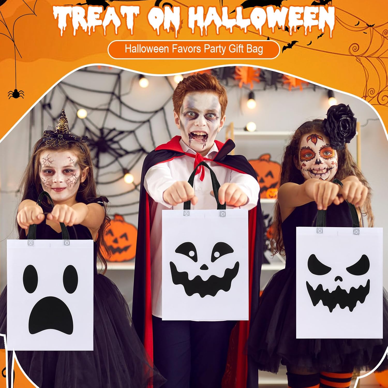 120 Pcs Halloween Tote Gift Bags 14.9''x11.8'' Large Treat Bag Bulk Reusable Halloween Non Woven Goodie Candy Bags with Handle for Party Supplies(White,Ghost)
