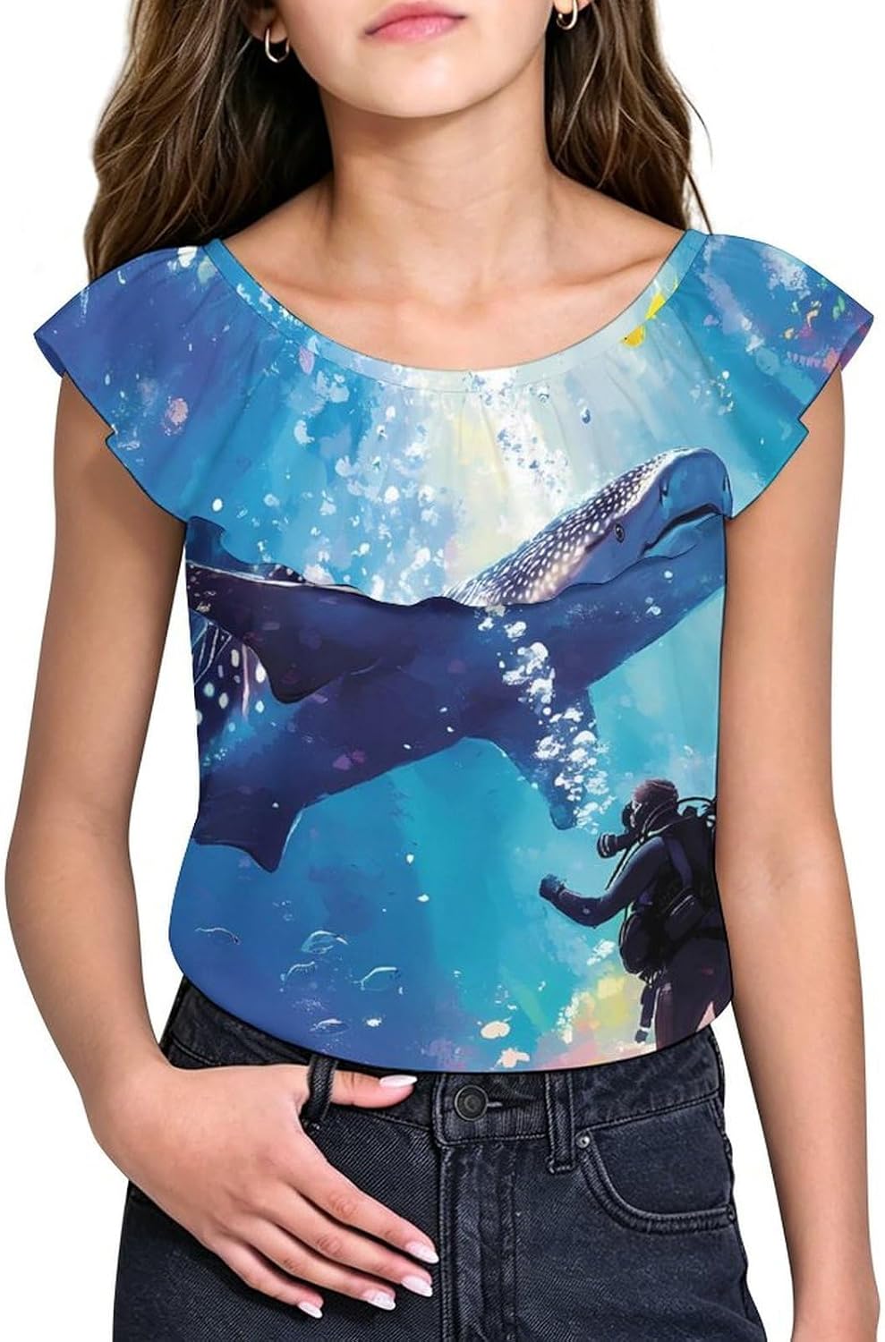 Scuba Diver and Whale Shark Swim Together Girls T-Shirts Top Ruffle Short Sleeve Blouse Casual Graphic Tees