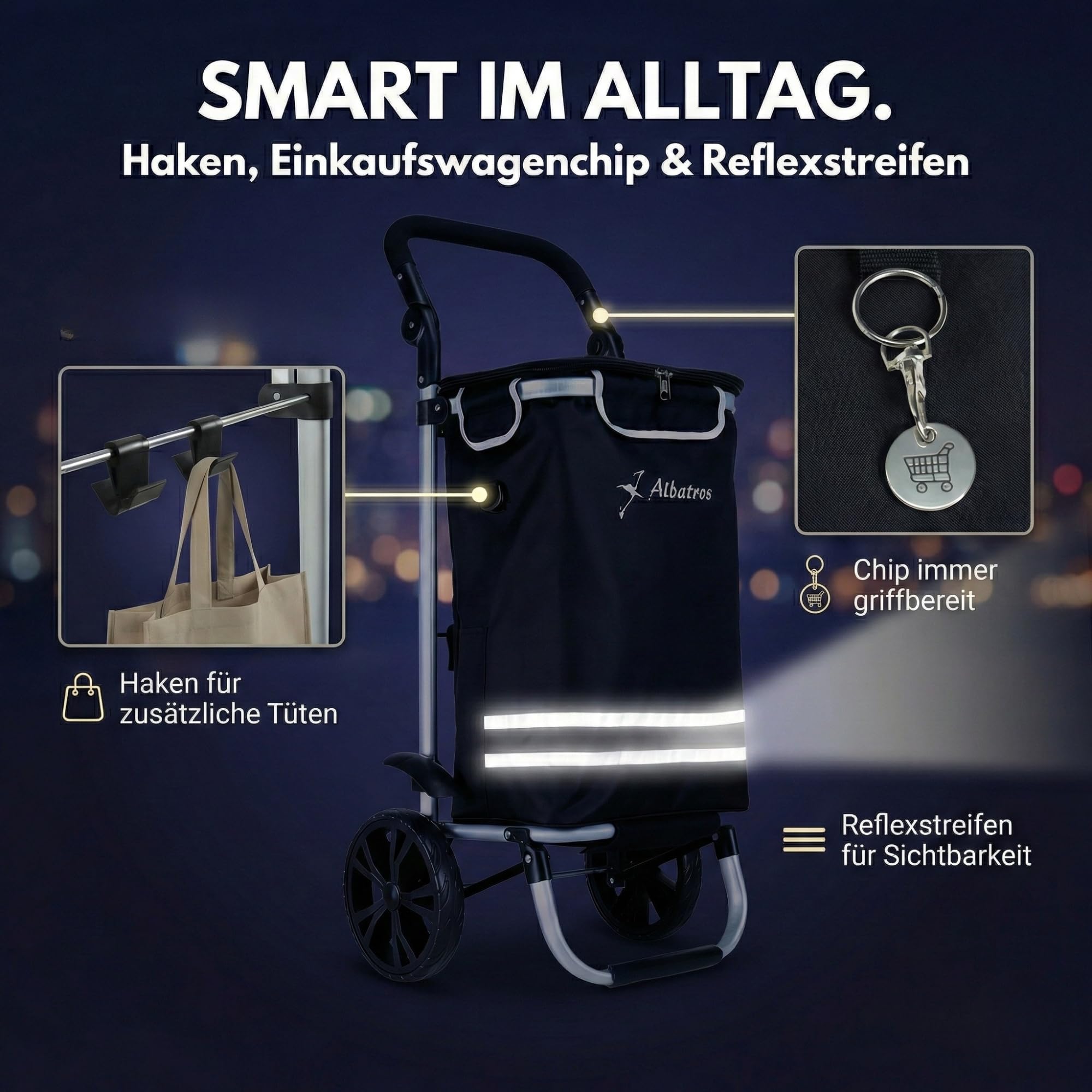 ALBATROS Einkaufstrolley Groß | Thermo-Innenbeutel, faltbar, inkl. Chip | Einkaufsroller mit großer Tasche, Sichtfenster für Einkaufszettel, große Räder, Sackkarre, klappbar & leichtläufig