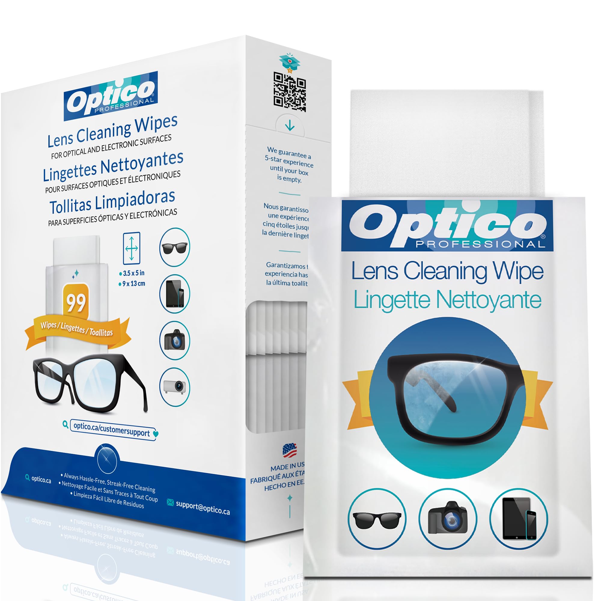 Optico Pre-Moistened Cleaning Wipes - Premium Quality Cleaner for Eyeglasses, Screens, and Camera Lenses - No Spray Bottle or Microfiber Cloth Needed