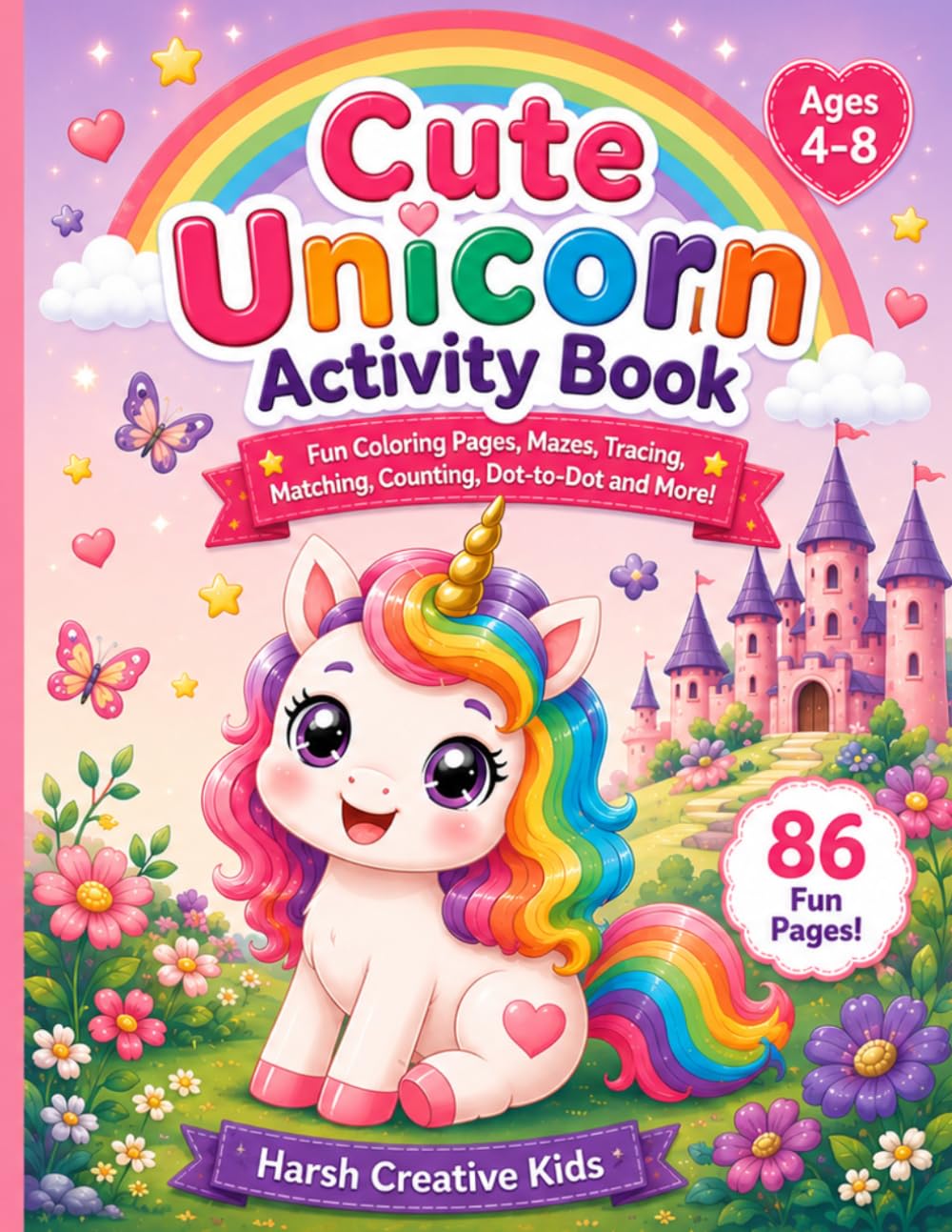 Cute Unicorn Activity Book: Fun Coloring Pages, Mazes, Tracing, Matching, Counting, Dot-to-Dot and More for Kids Ages 4–8