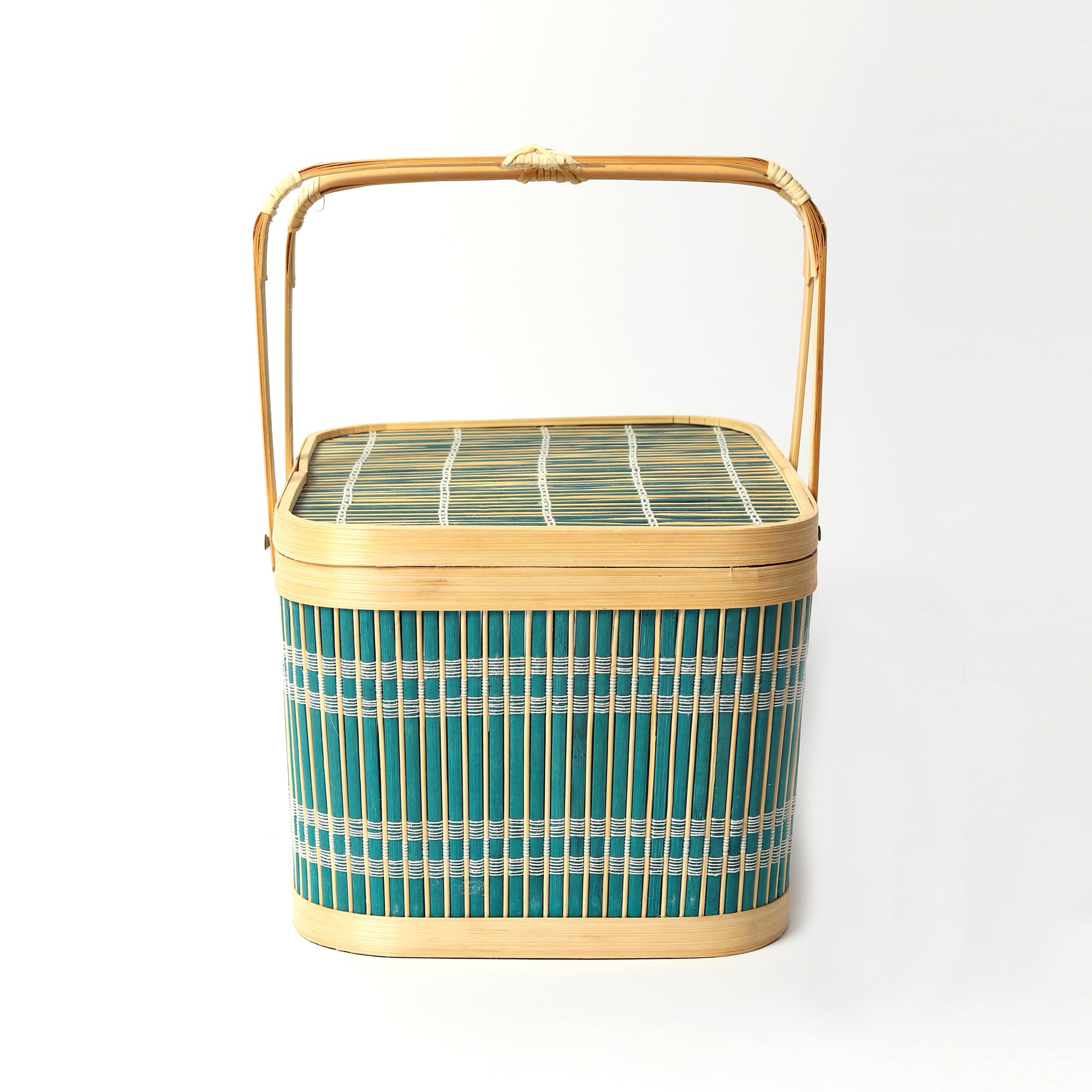 Habere India-All the Cultures Fabricating India Basket for Lunch | Bamboo Picnic Basket with Top Handle | Wicker Morden Picnic Baskets Ideal for Outdoor Dining and Family Picnics (Green) 4