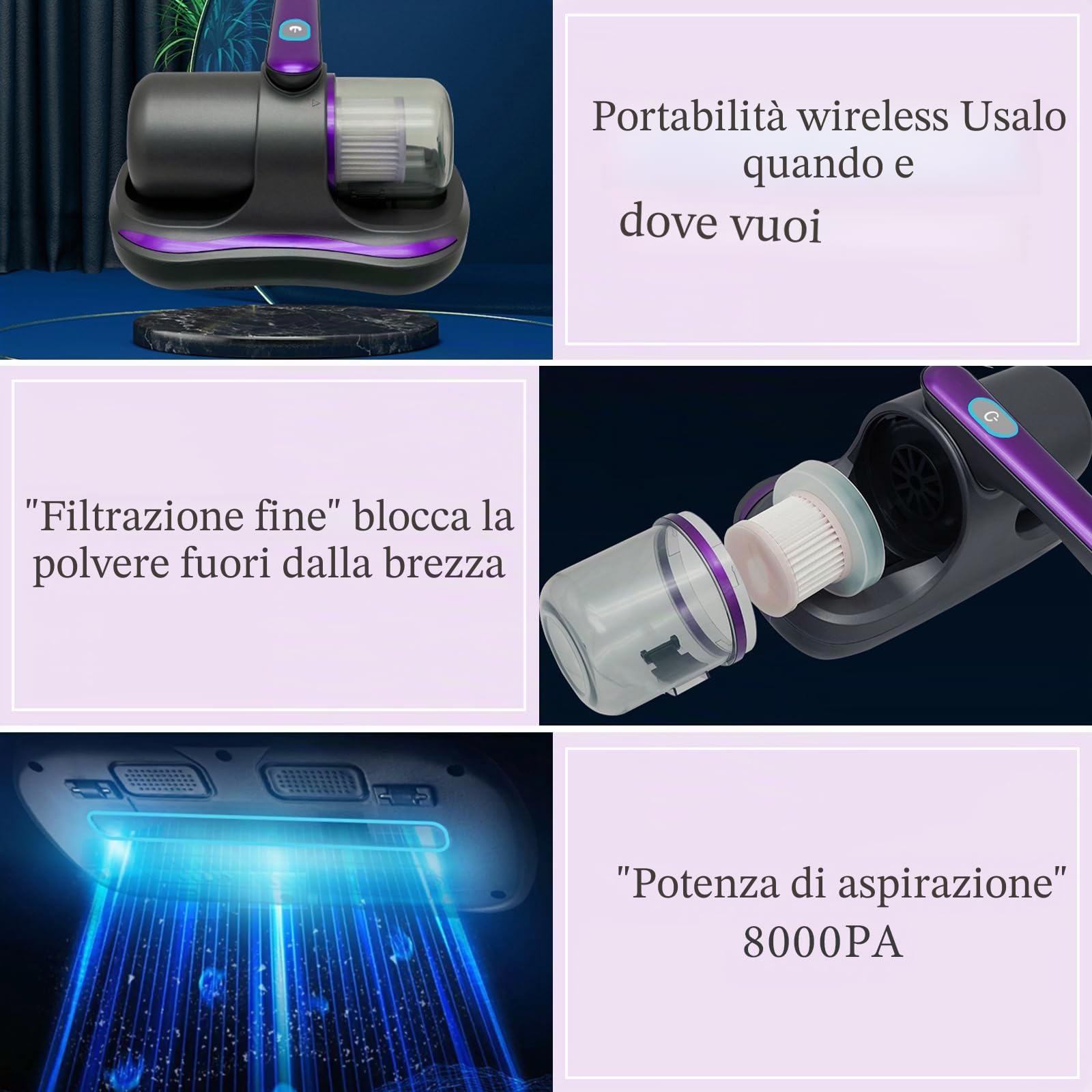 Aspiratore per acari da 100 W, per materassi e acari, con luce UV e contenitore per la polvere permanente per materassi, divani, cuscini, tappeti, altri tessuti
