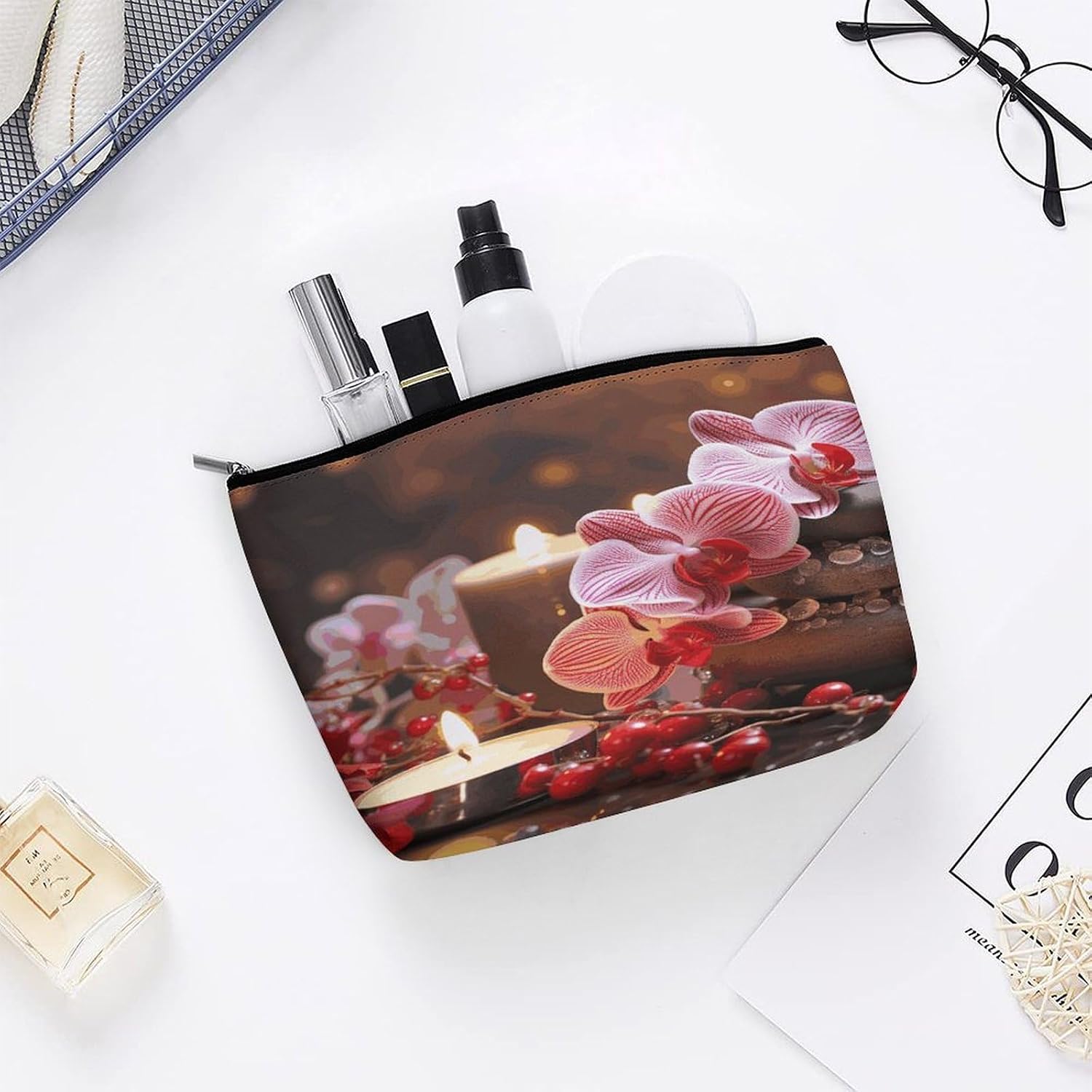 Pink Orchid Stone Red Candles Makeup Bag for Purse Large Capacity Cosmetic Bags Aesthetic Accessories Storage Bag for Women Travel Toiletry Bags Portable Cosmetic Pouch image 5