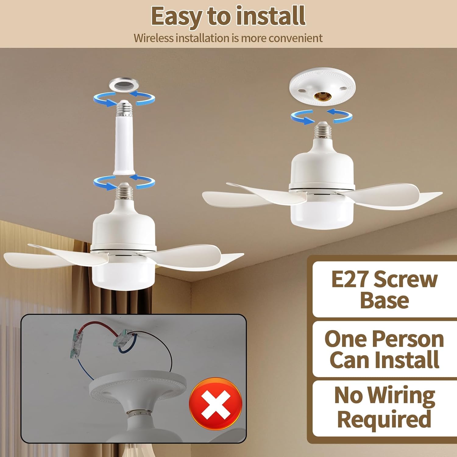 2PCS Socket Fan Light with Remote, Screw in Ceiling Fans with Dimmable Light, 3 Colors 3000K-6000K,Ceiling Fan Light Kit Bulb for Bedroom Living Room Kitchen Garage Dinning Room