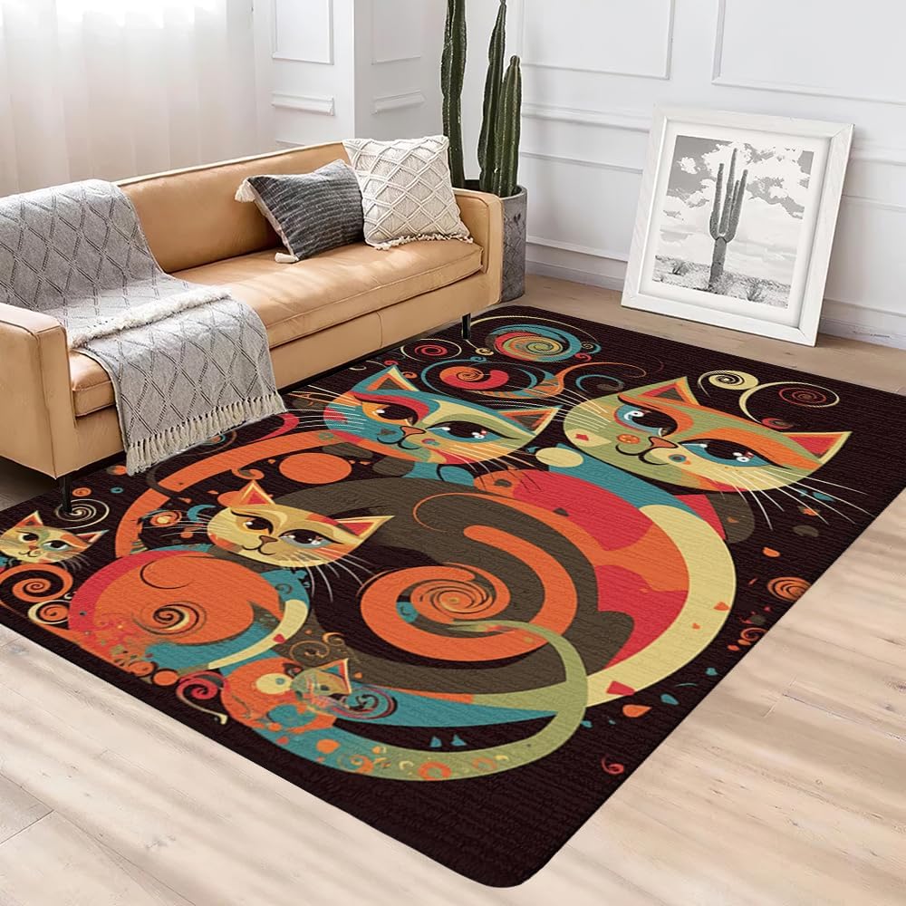 Vintage Cat Print Rugs - Cat Theme Rug for Bedroom - Cat Pattern Rug, Cute Colorful Cat Bathroom Rug 4x6, Cat Carpet Outdoot, Cat Bathroom Rug Gift for Teens Adults, Cat Rugs Absorbent Non-Slip Soft