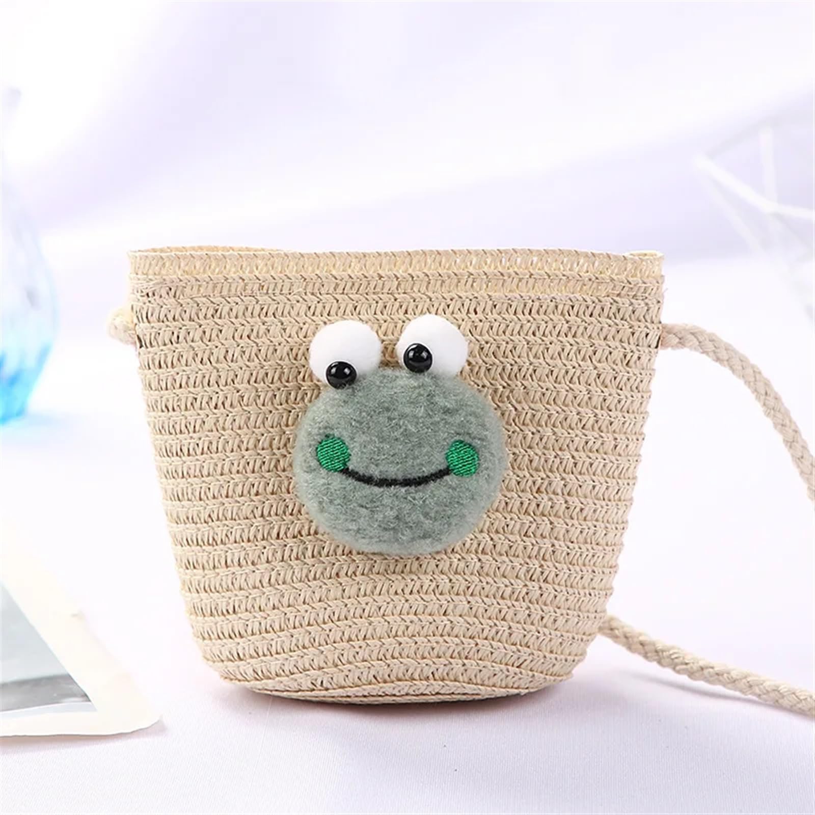 DVMSIEF Straw Bag Cute Children Straw Shoulder Bags Flower Baby Girls Small Bucket Crossbody Bag Boys Kids Mini Coin Purse Beach Handbags(Frog beige)
