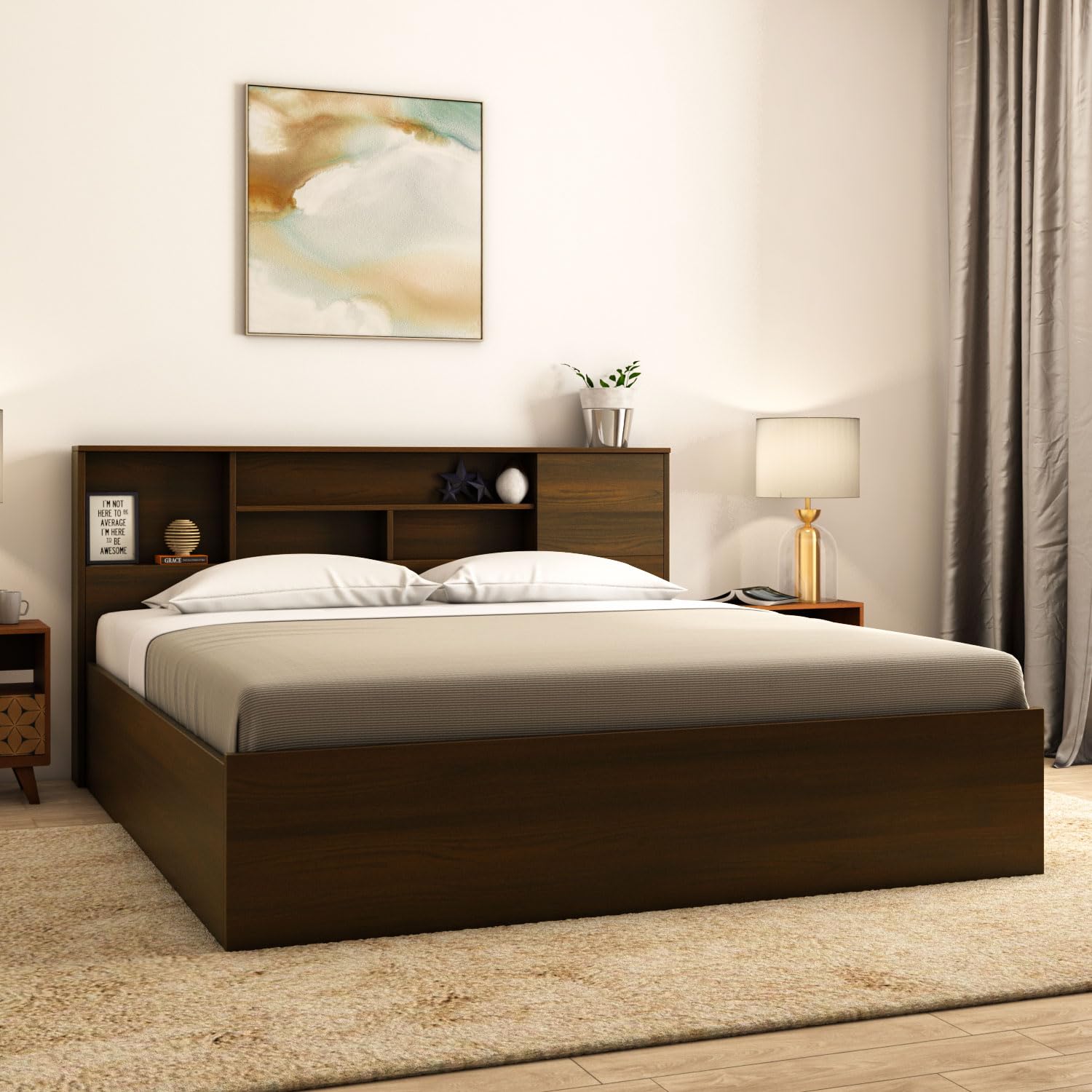 Nilkamal Mozart Wooden Queen Bed with Box Storage | Engineered Wood | Modern Design | 1 Year Warranty | Walnut